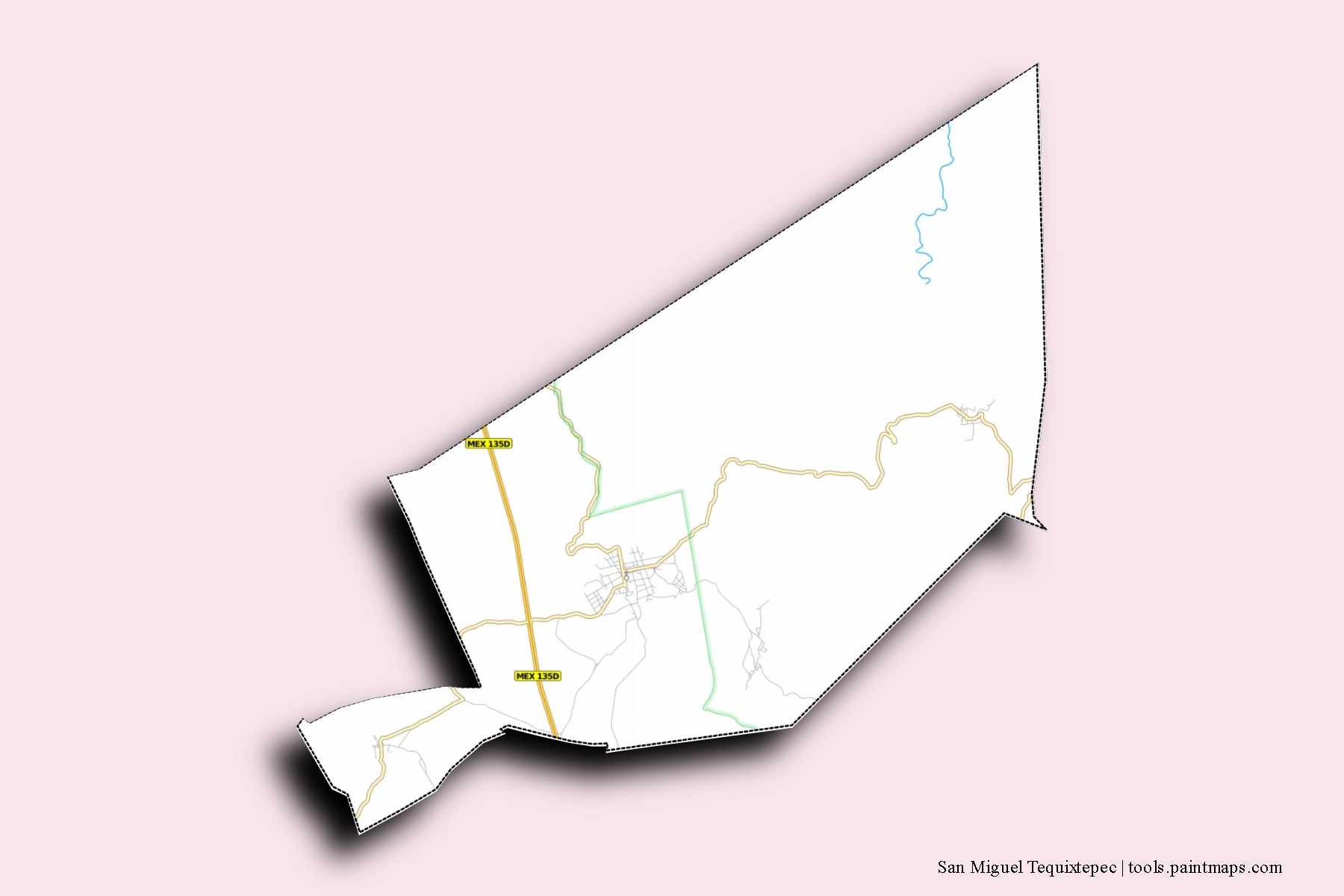 Mapa de barrios y pueblos de San Miguel Tequixtepec con efecto de sombra 3D