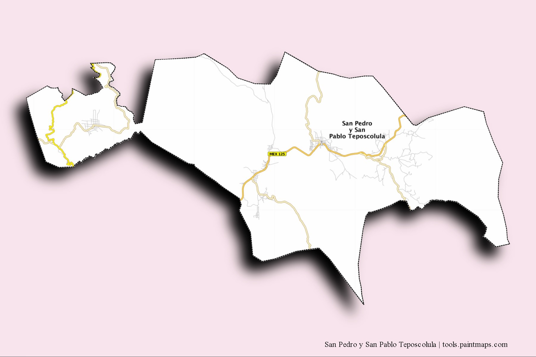 San Pedro y San Pablo Teposcolula neighborhoods and villages map with 3D shadow effect