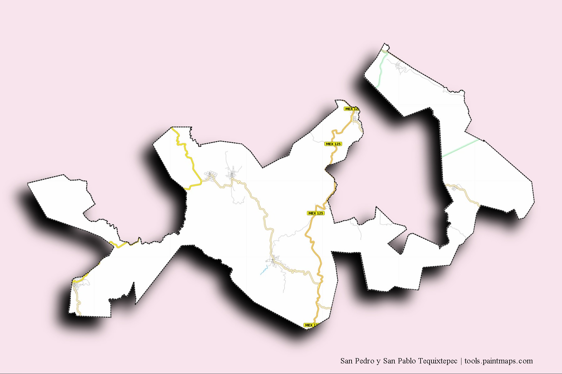 3D gölge efektli San Pedro y San Pablo Tequixtepec mahalleleri ve köyleri haritası