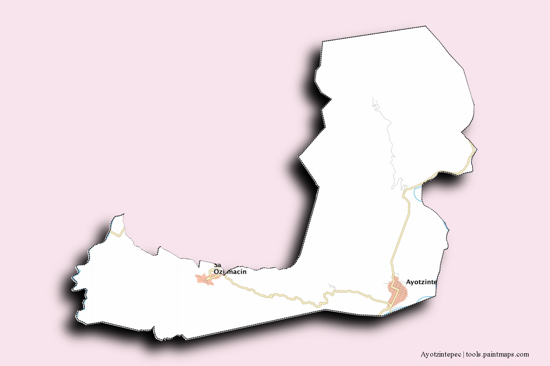 Ayotzintepec neighborhoods and villages map with 3D shadow effect