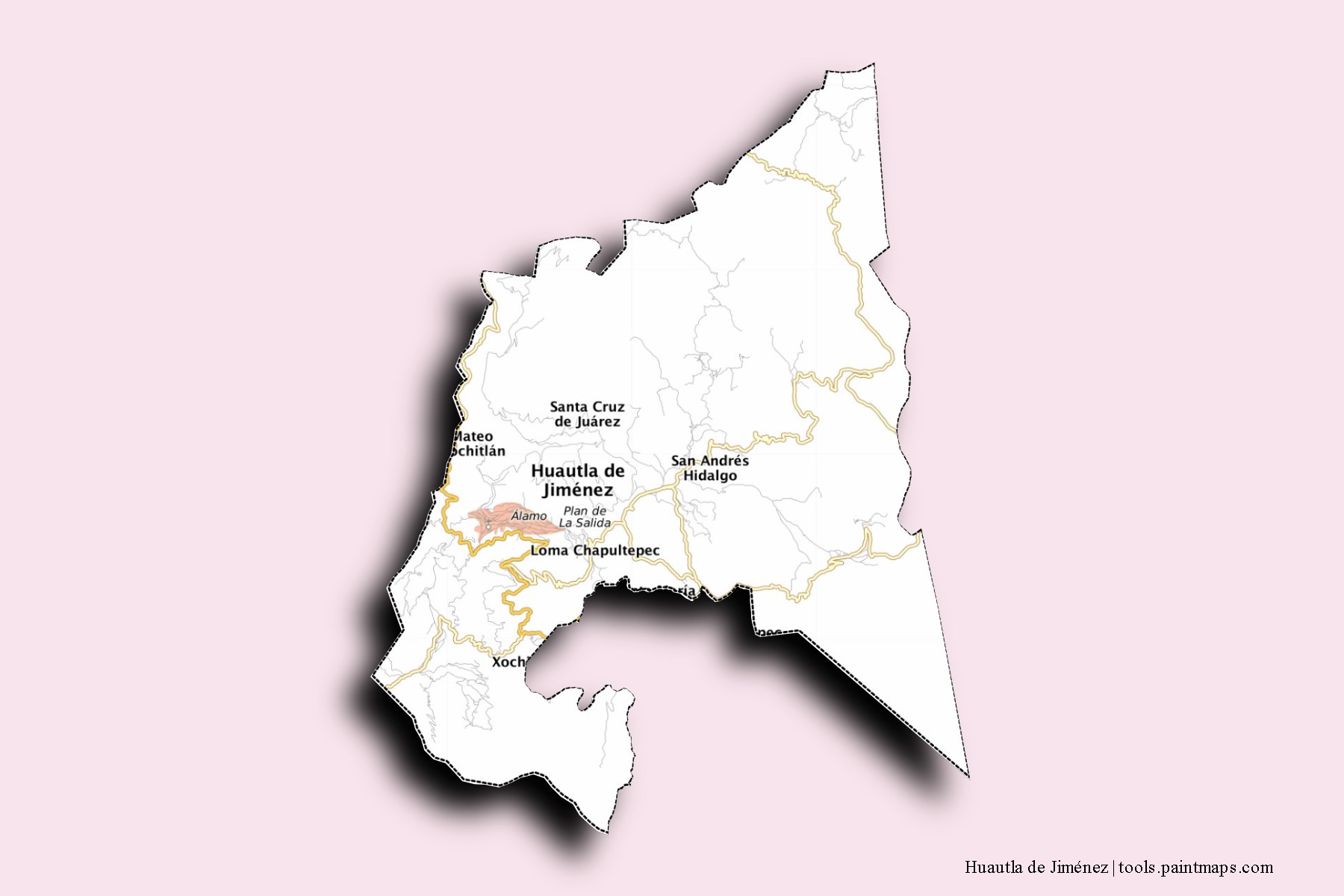 Mapa de barrios y pueblos de Huautla de Jiménez con efecto de sombra 3D