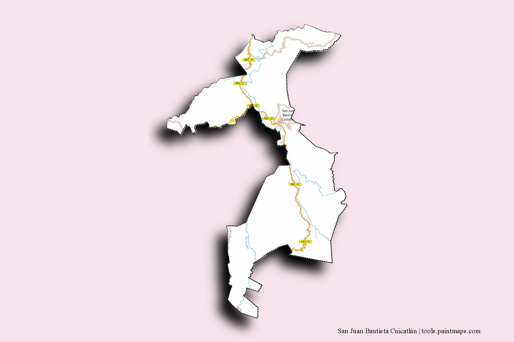 Mapa de barrios y pueblos de San Juan Bautista Cuicatlán con efecto de sombra 3D