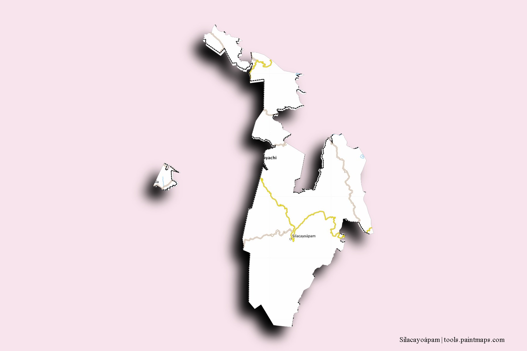 Silacayoapam neighborhoods and villages map with 3D shadow effect