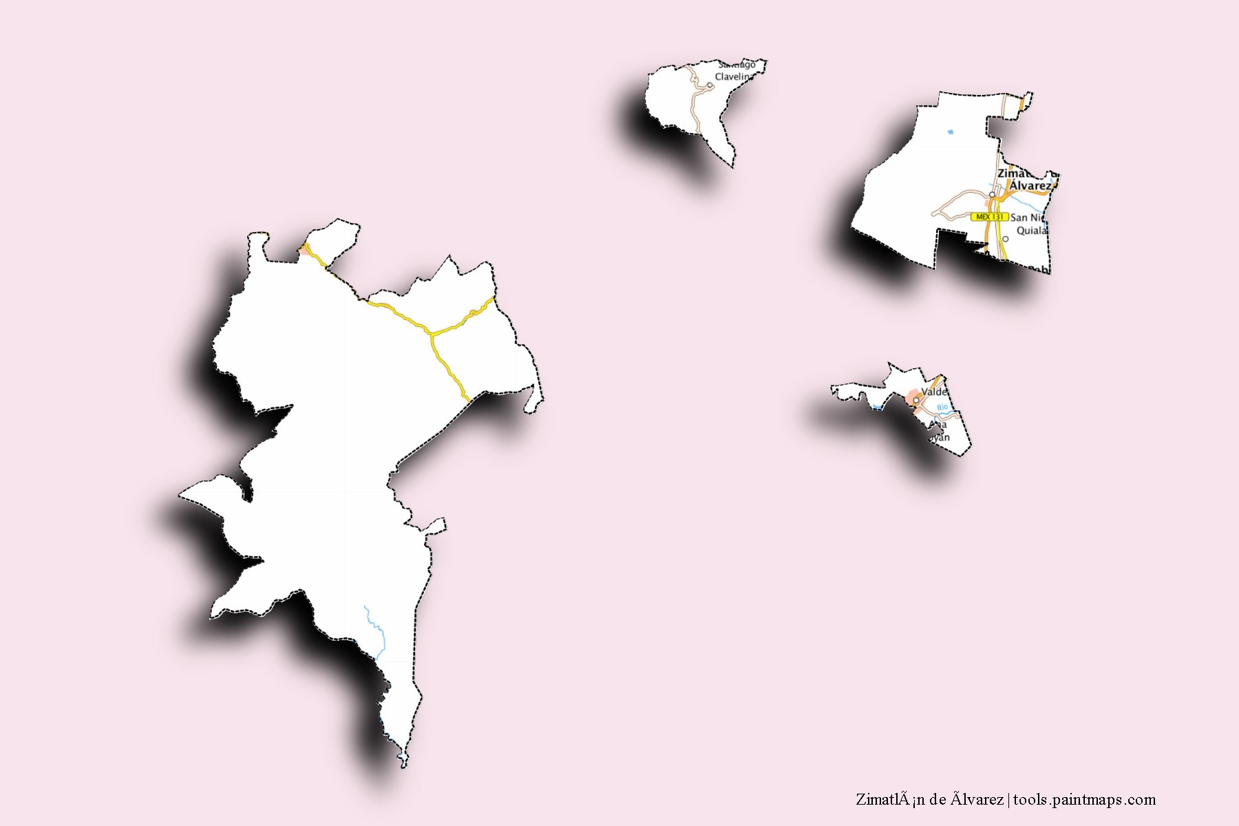 Zimatlán de Alvarez neighborhoods and villages map with 3D shadow effect