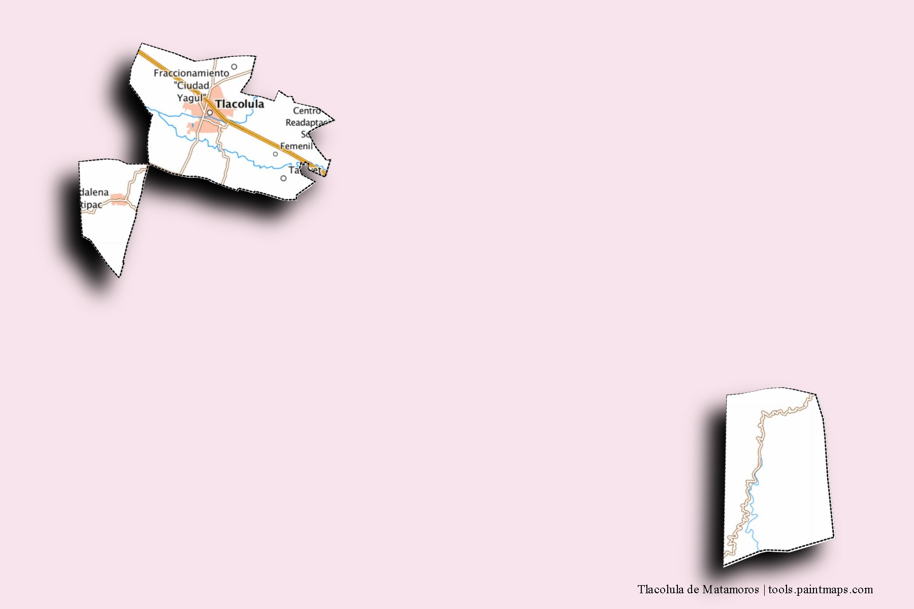 Mapa de barrios y pueblos de Tlacolula de Matamoros con efecto de sombra 3D