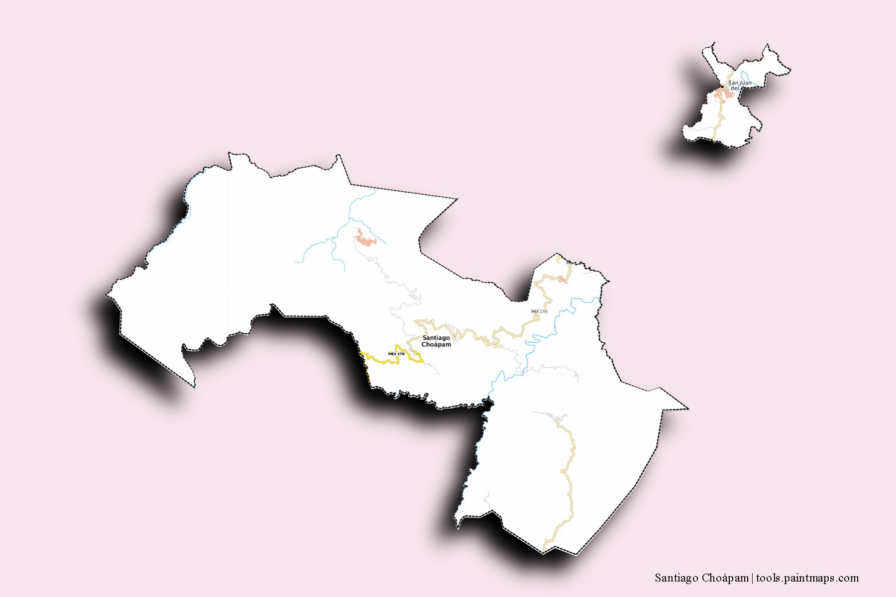 3D gölge efektli Santiago Choápam mahalleleri ve köyleri haritası