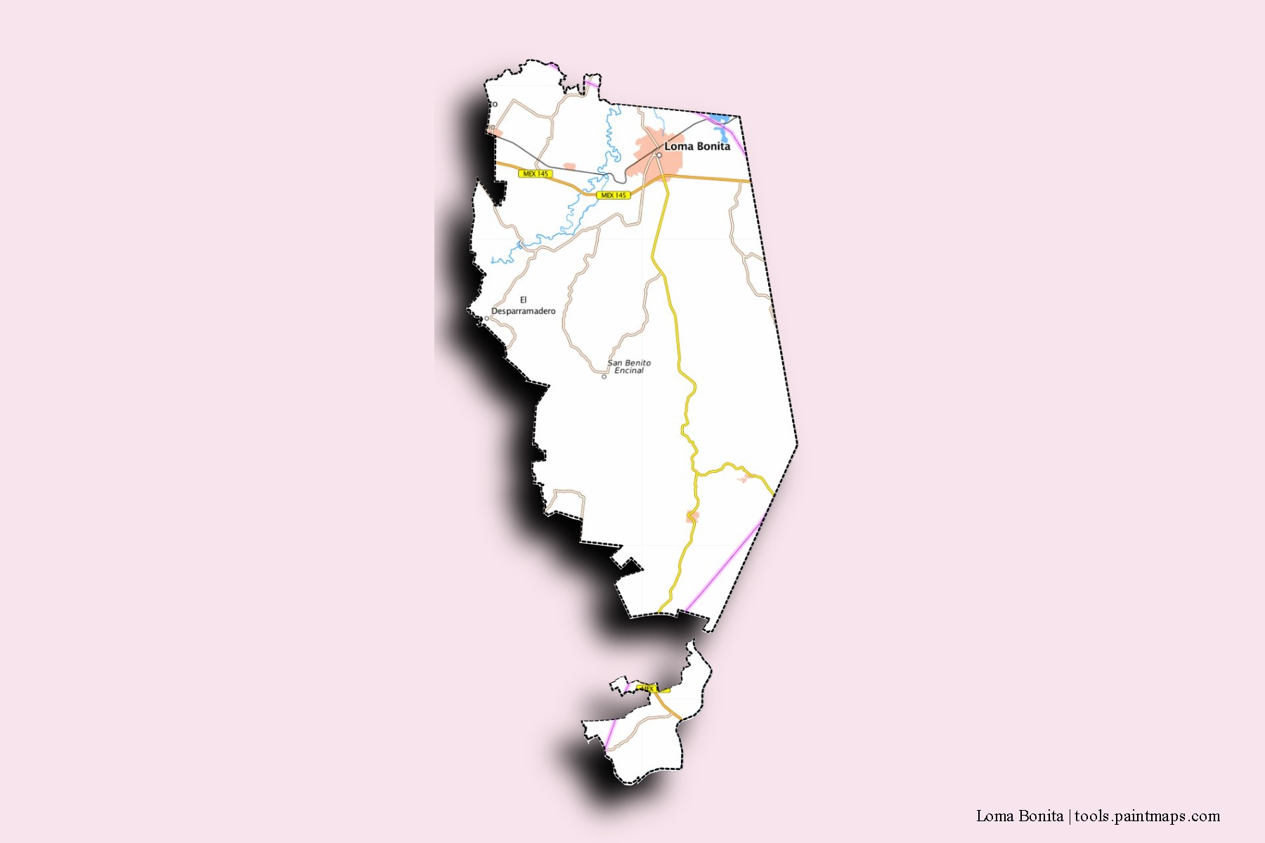 Mapa de barrios y pueblos de Loma Bonita con efecto de sombra 3D