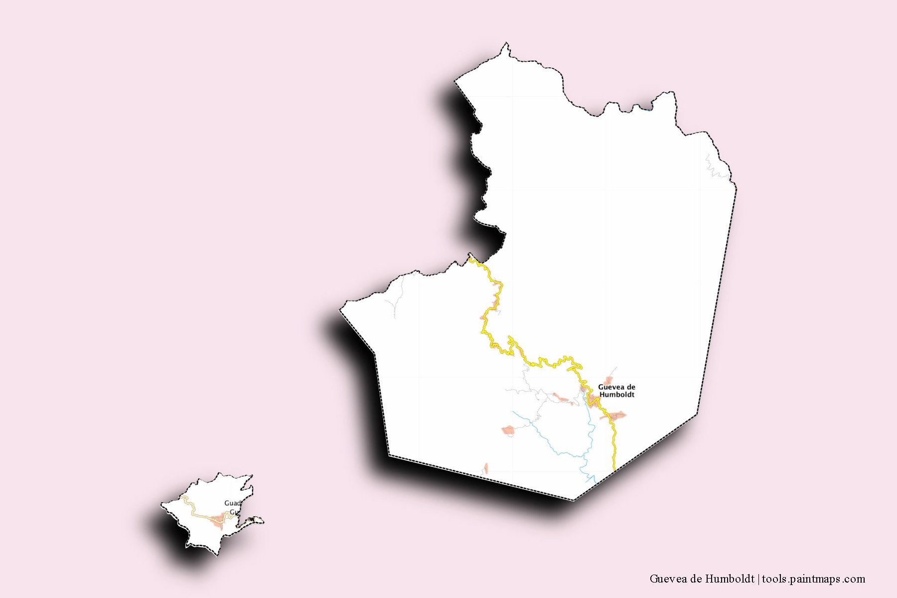 3D gölge efektli Guevea de Humboldt mahalleleri ve köyleri haritası