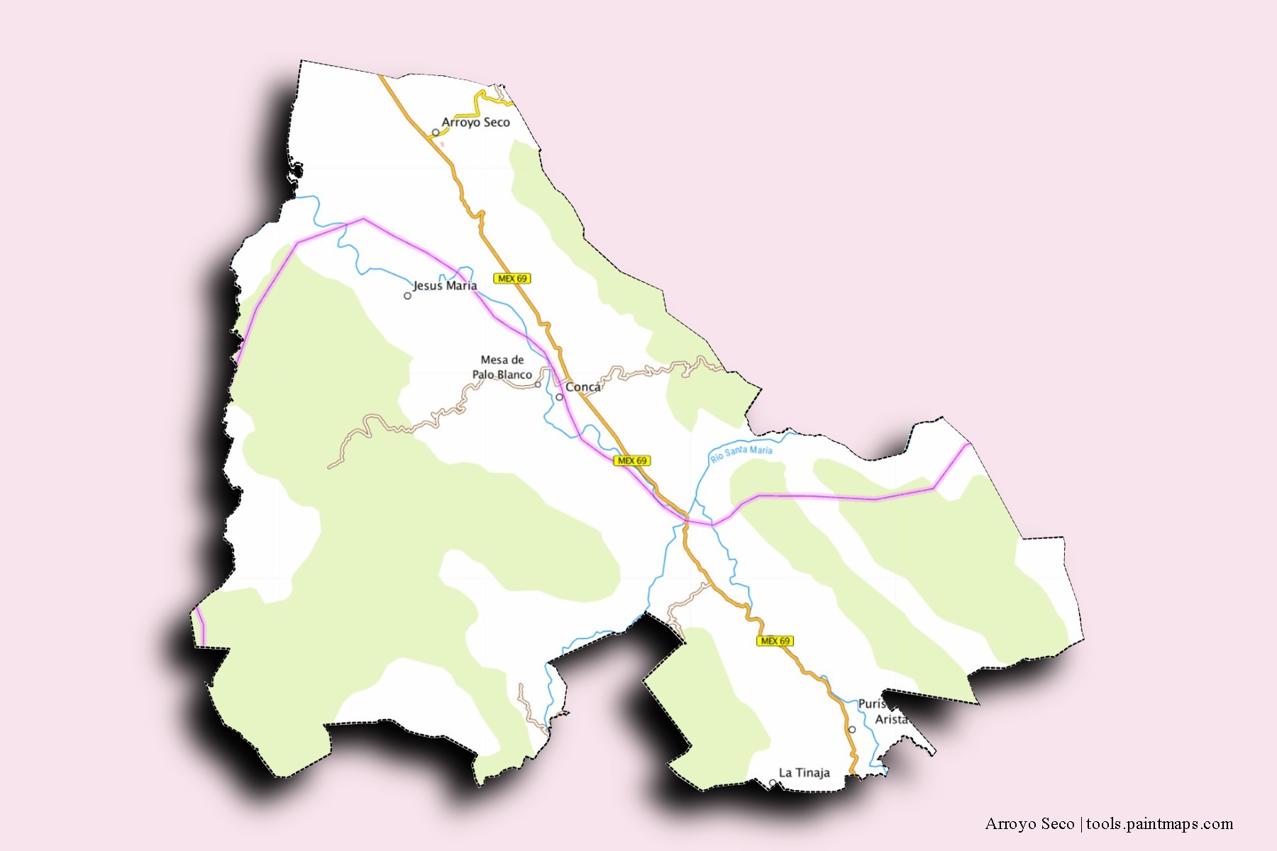 Mapa de barrios y pueblos de Arroyo Seco con efecto de sombra 3D