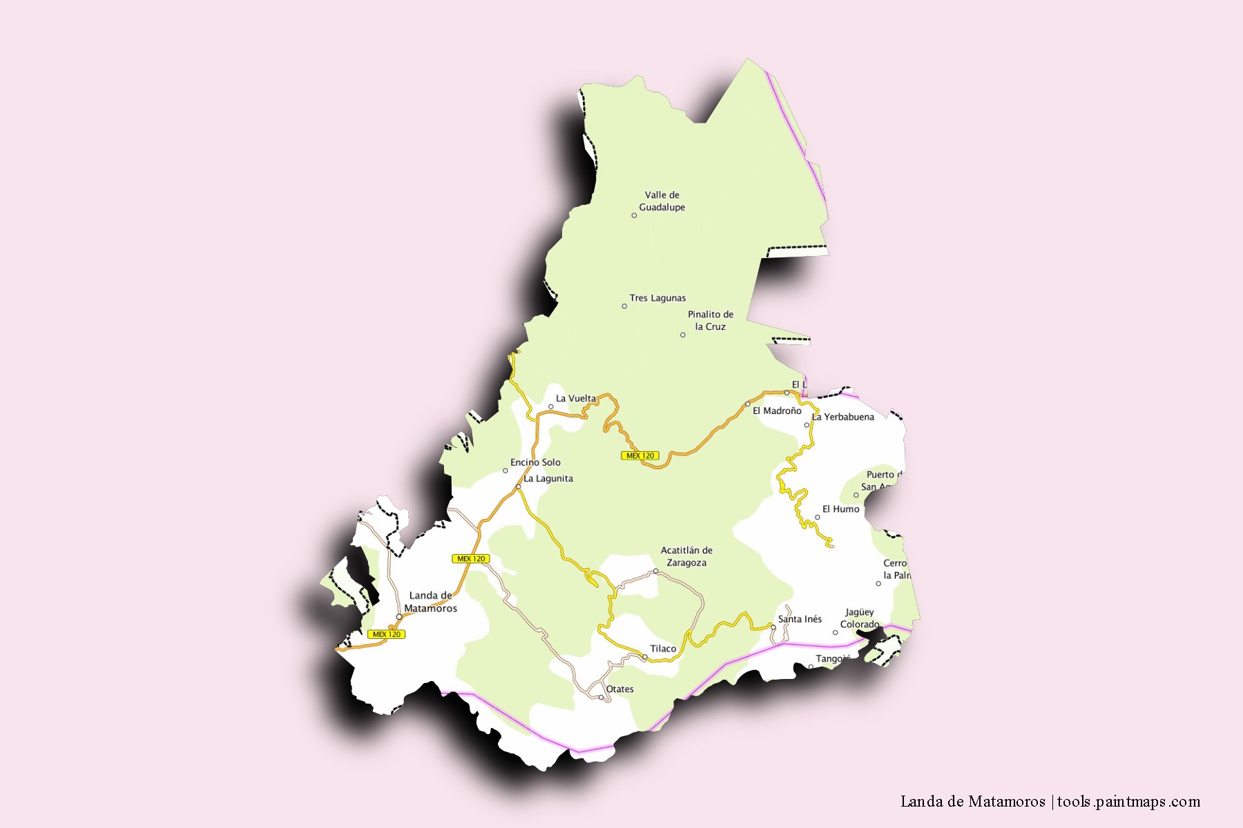 3D gölge efektli Landa de Matamoros mahalleleri ve köyleri haritası