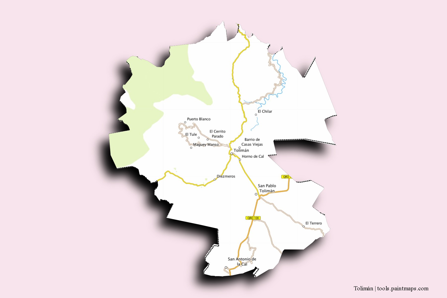 Mapa de barrios y pueblos de Tolimán con efecto de sombra 3D