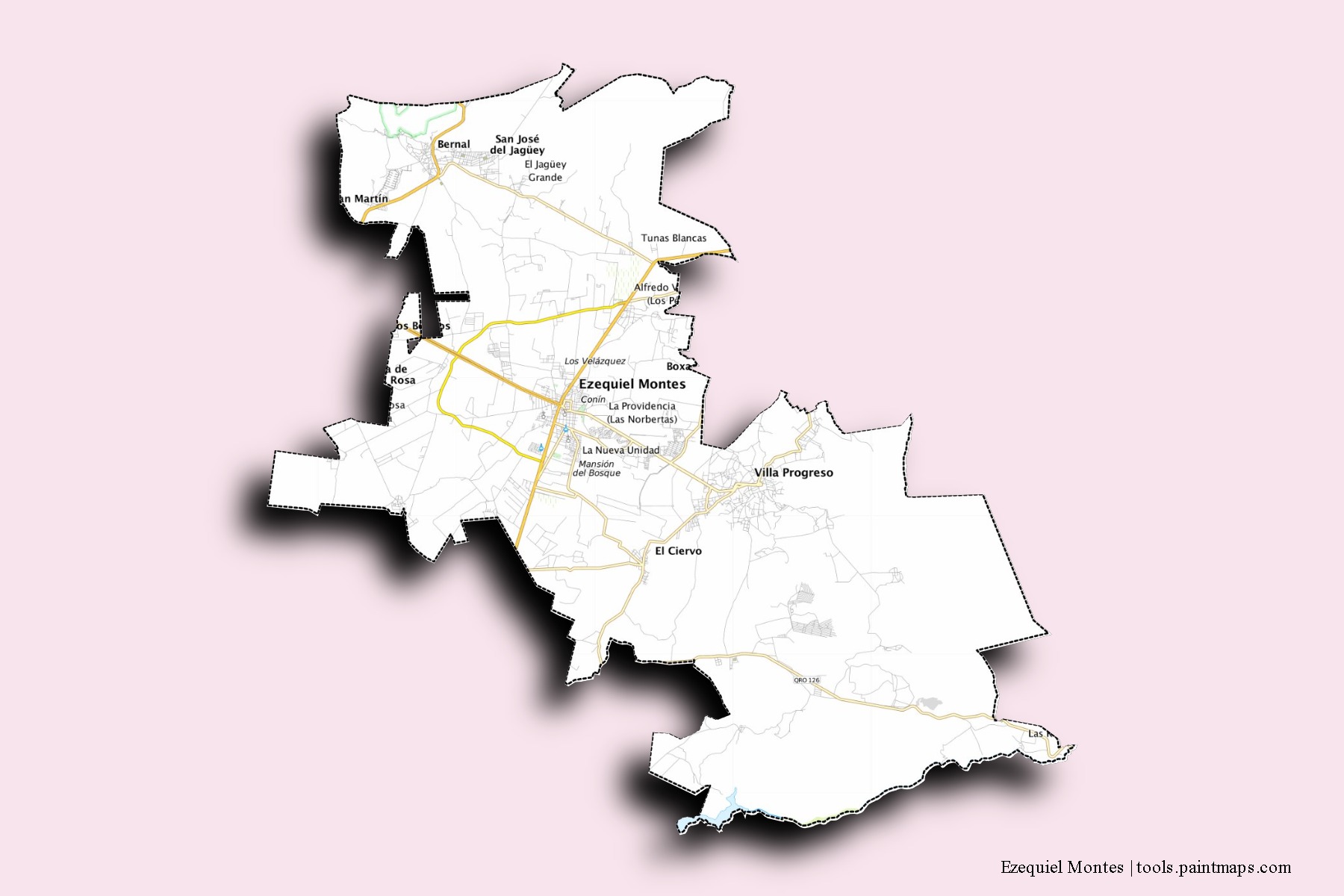 Ezequiel Montes neighborhoods and villages map with 3D shadow effect