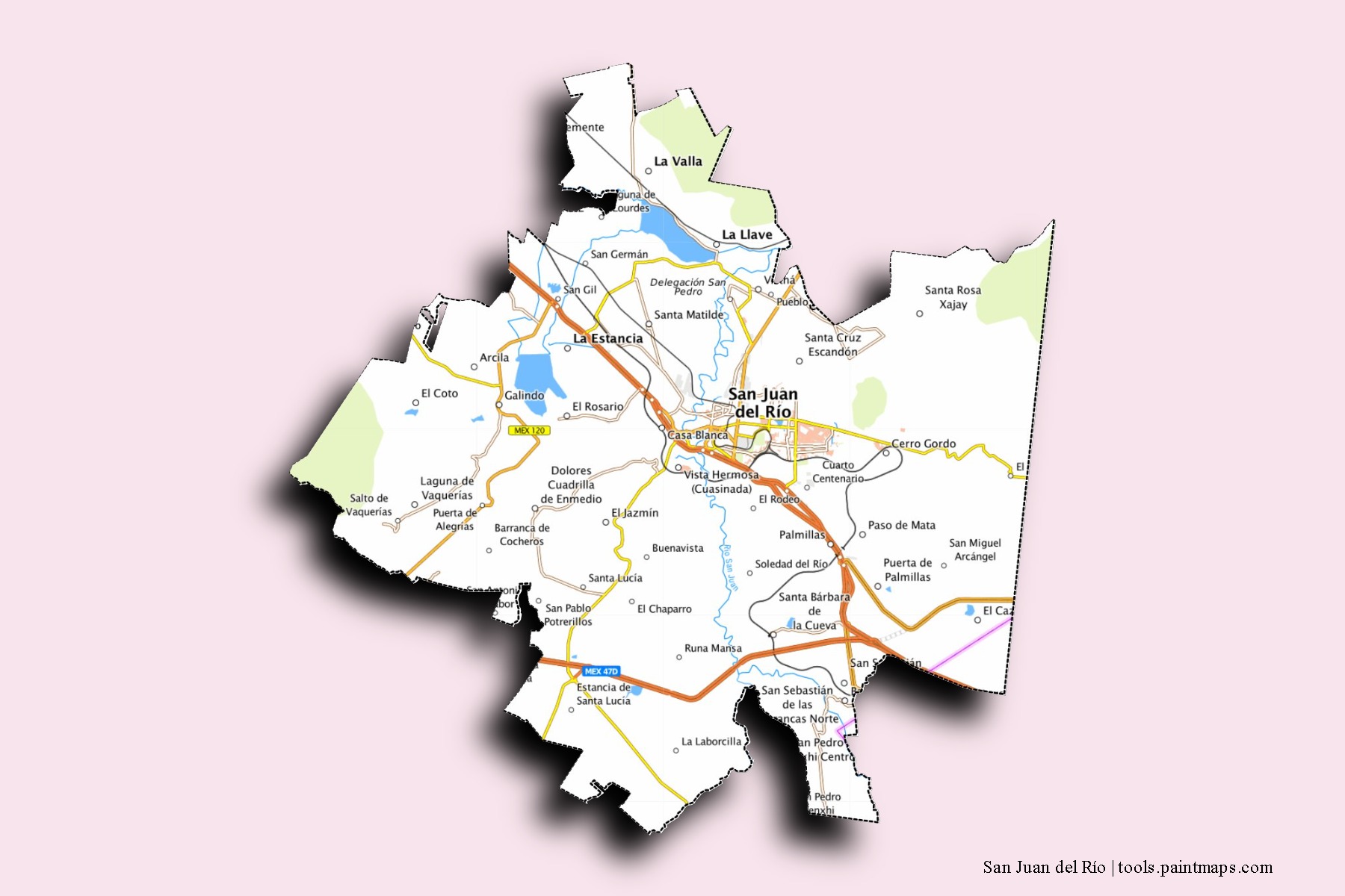 Mapa de barrios y pueblos de San Juan del Río con efecto de sombra 3D