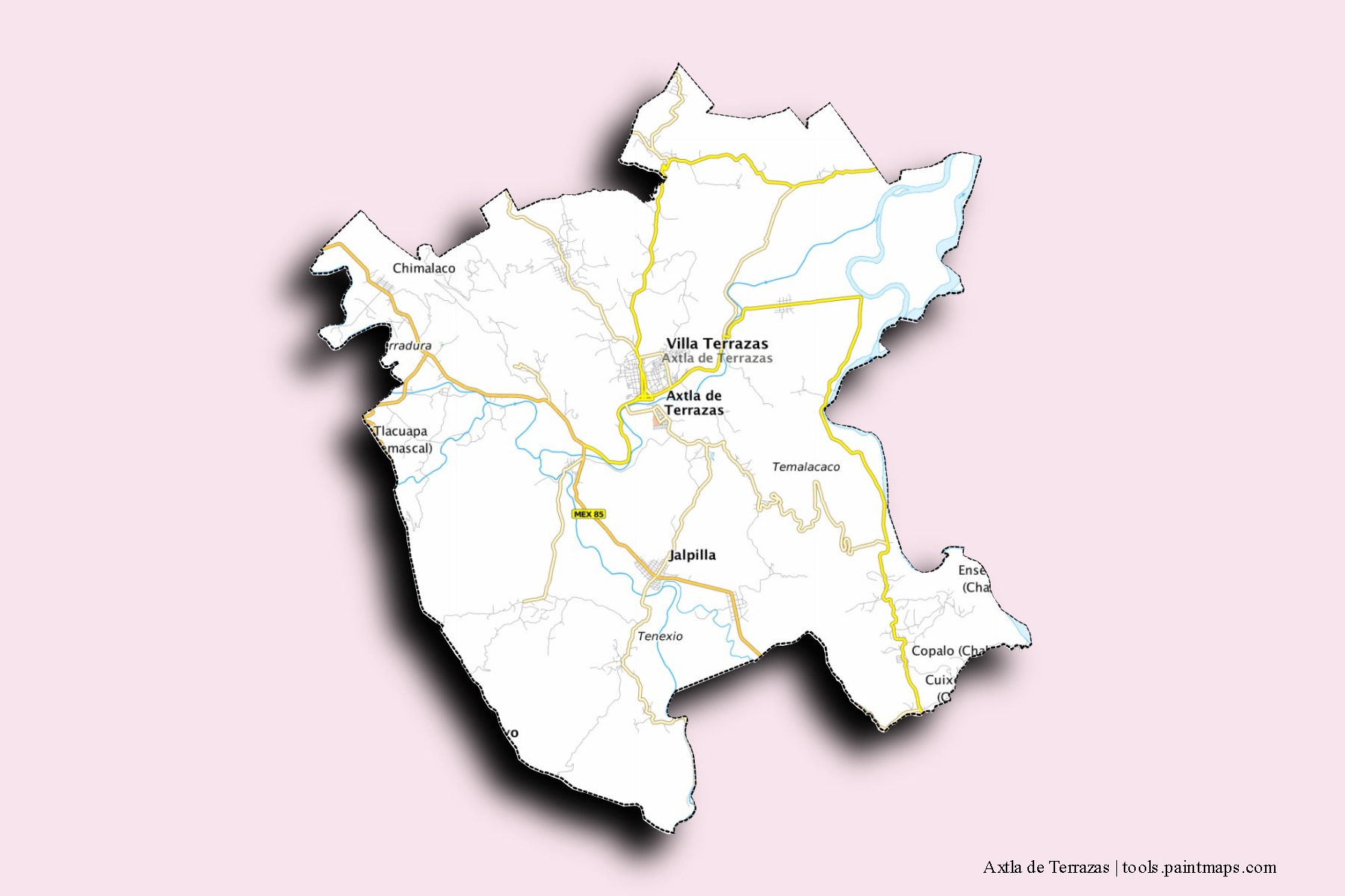 Mapa de barrios y pueblos de Axtla de Terrazas con efecto de sombra 3D