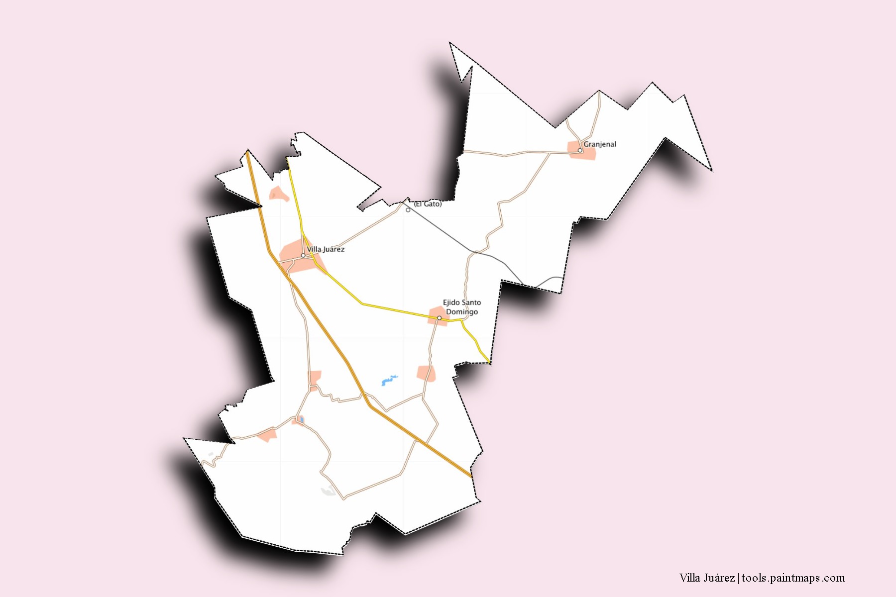 Mapa de barrios y pueblos de Villa Juárez con efecto de sombra 3D