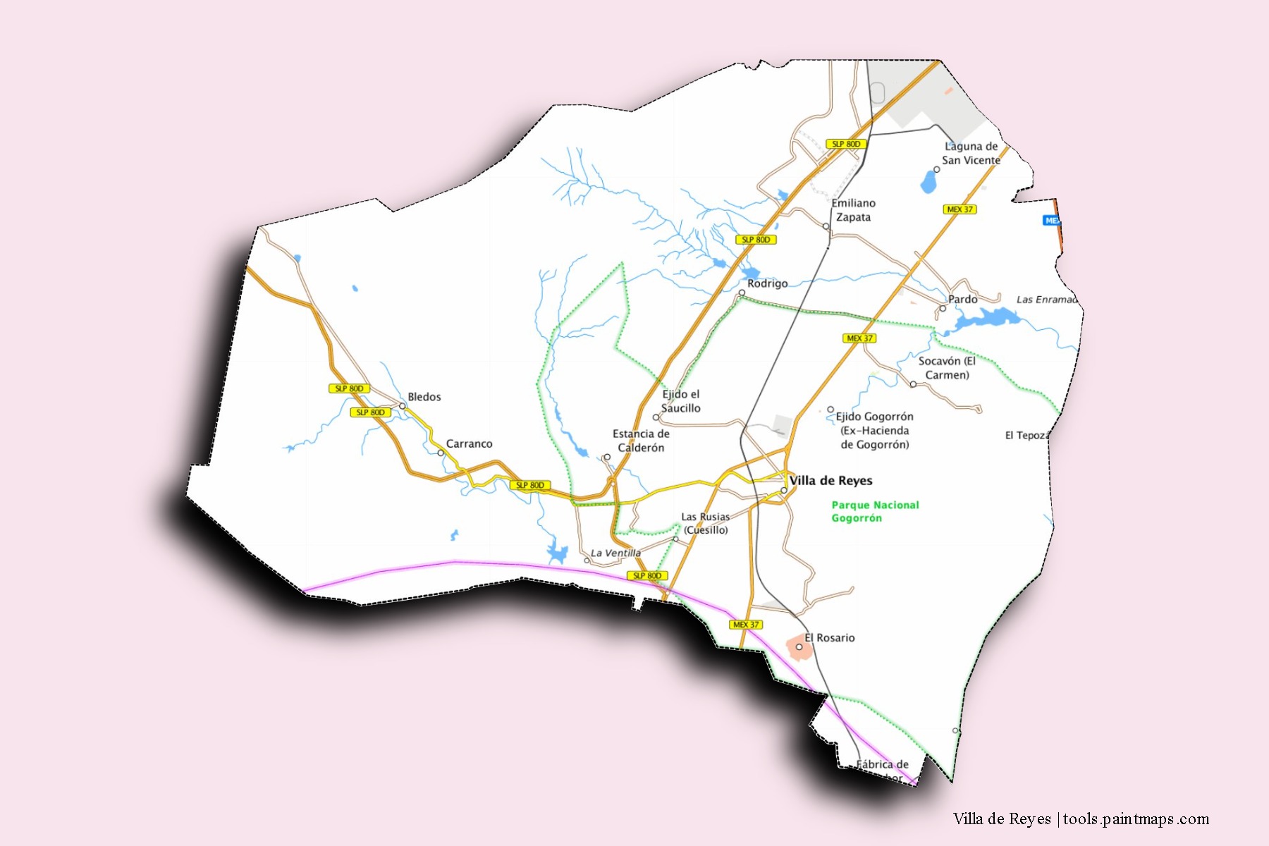 Mapa de barrios y pueblos de Villa de Reyes con efecto de sombra 3D