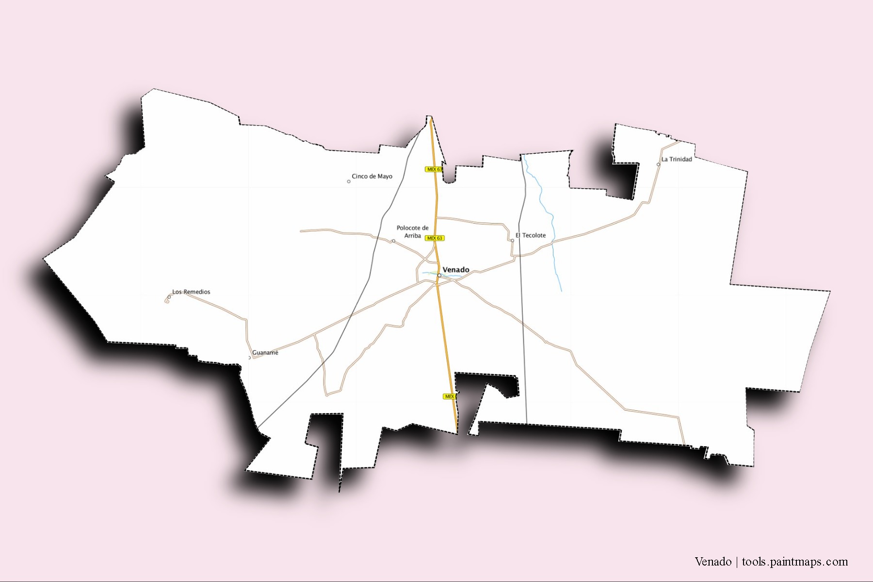 Mapa de barrios y pueblos de Venado con efecto de sombra 3D