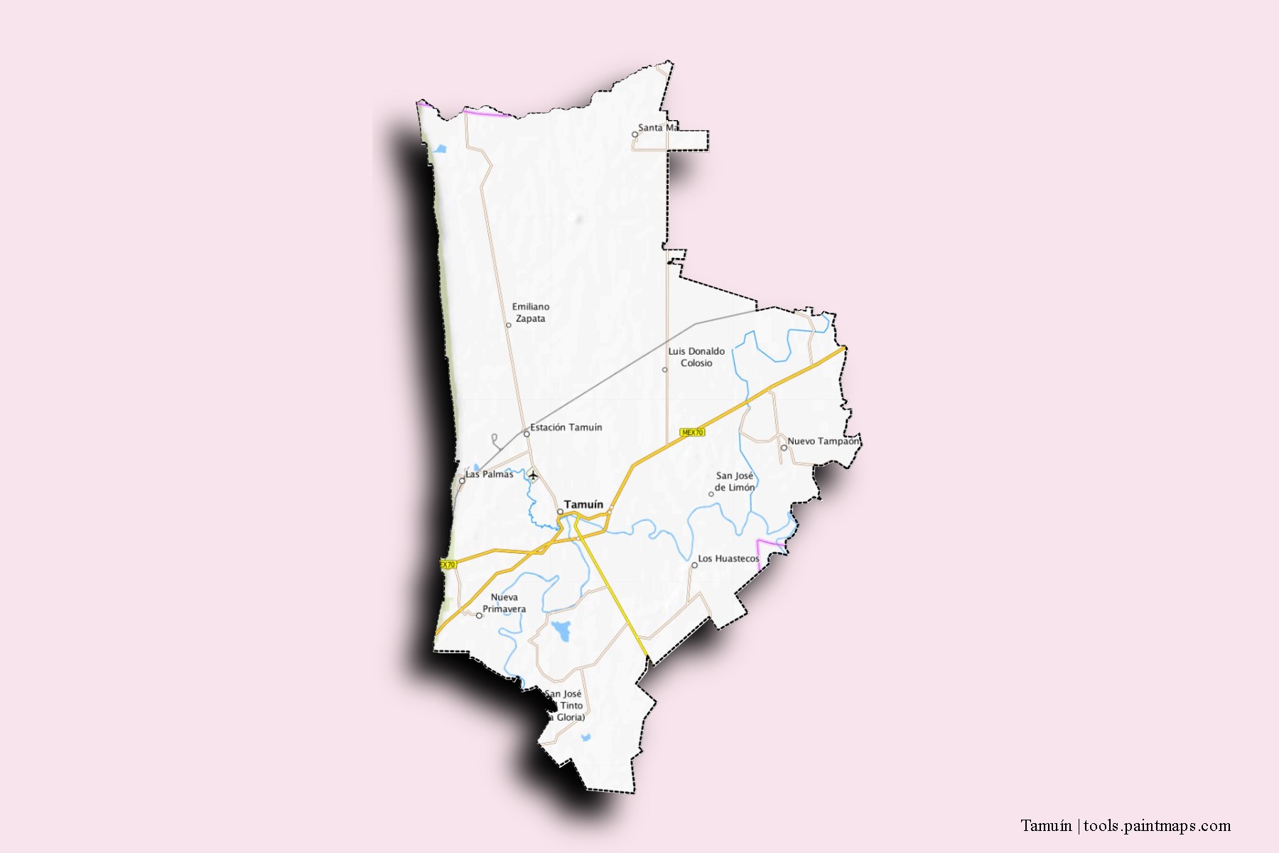 Mapa de barrios y pueblos de Tamuín con efecto de sombra 3D