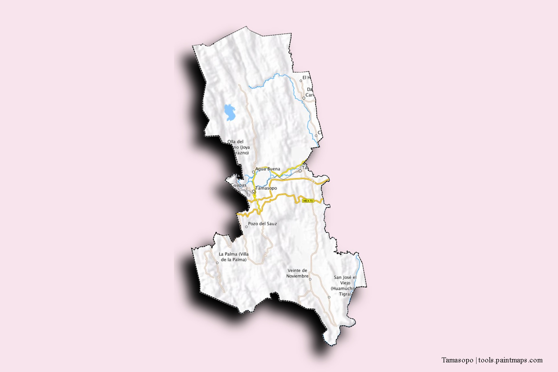 Mapa de barrios y pueblos de Tamasopo con efecto de sombra 3D