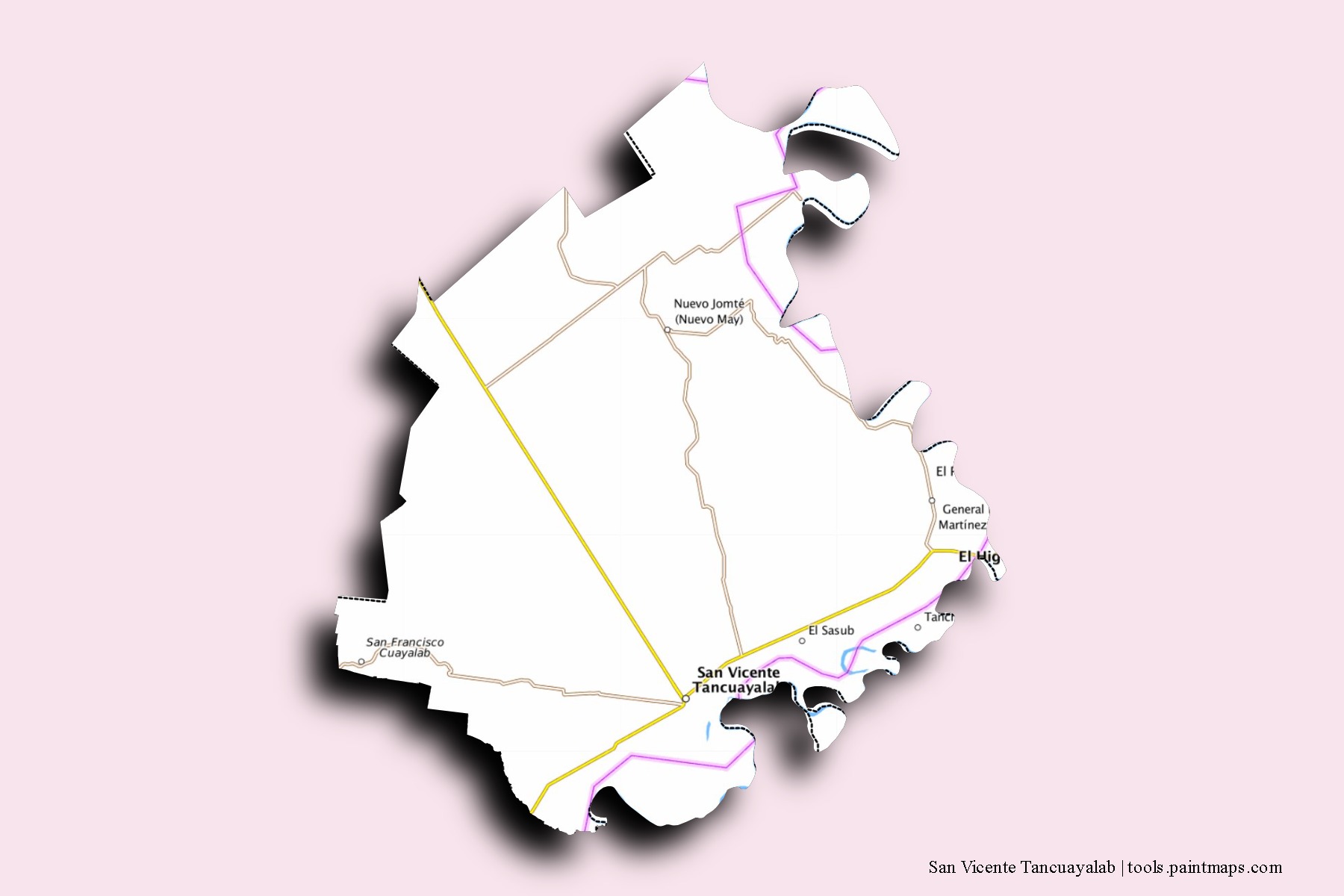 San Vicente Tancuayalab neighborhoods and villages map with 3D shadow effect