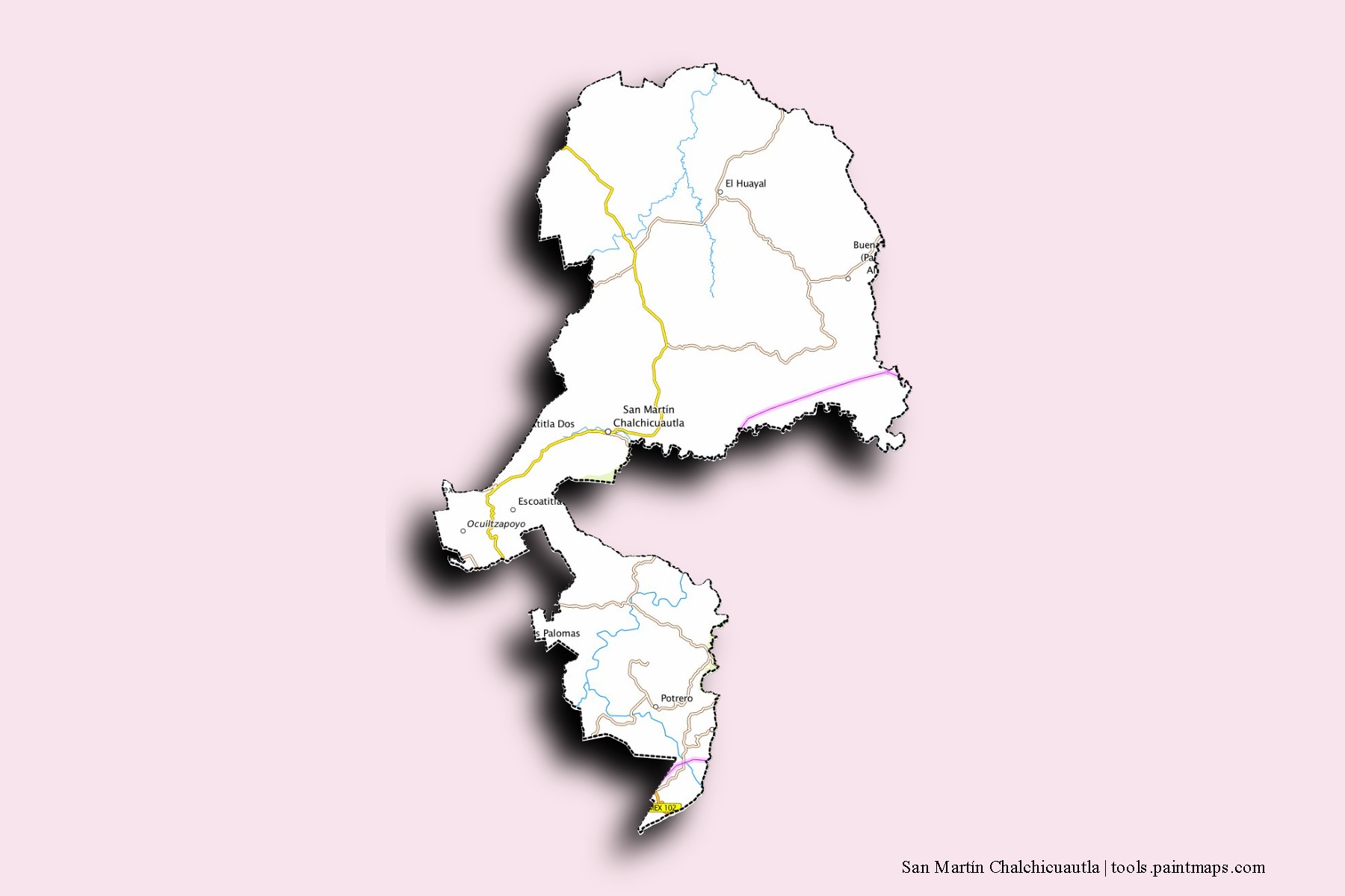 Mapa de barrios y pueblos de San Martín Chalchicuautla con efecto de sombra 3D