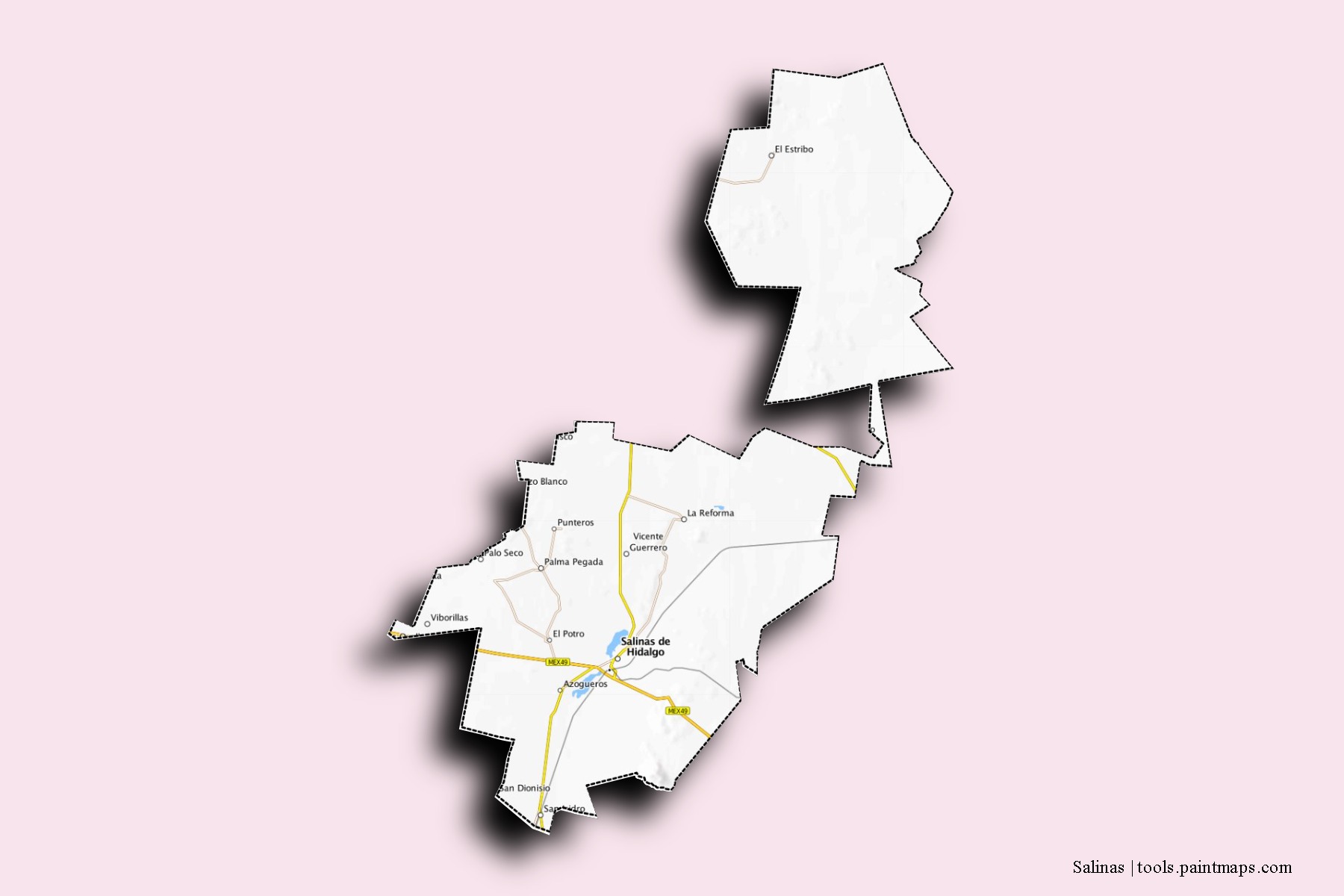 Salinas neighborhoods and villages map with 3D shadow effect