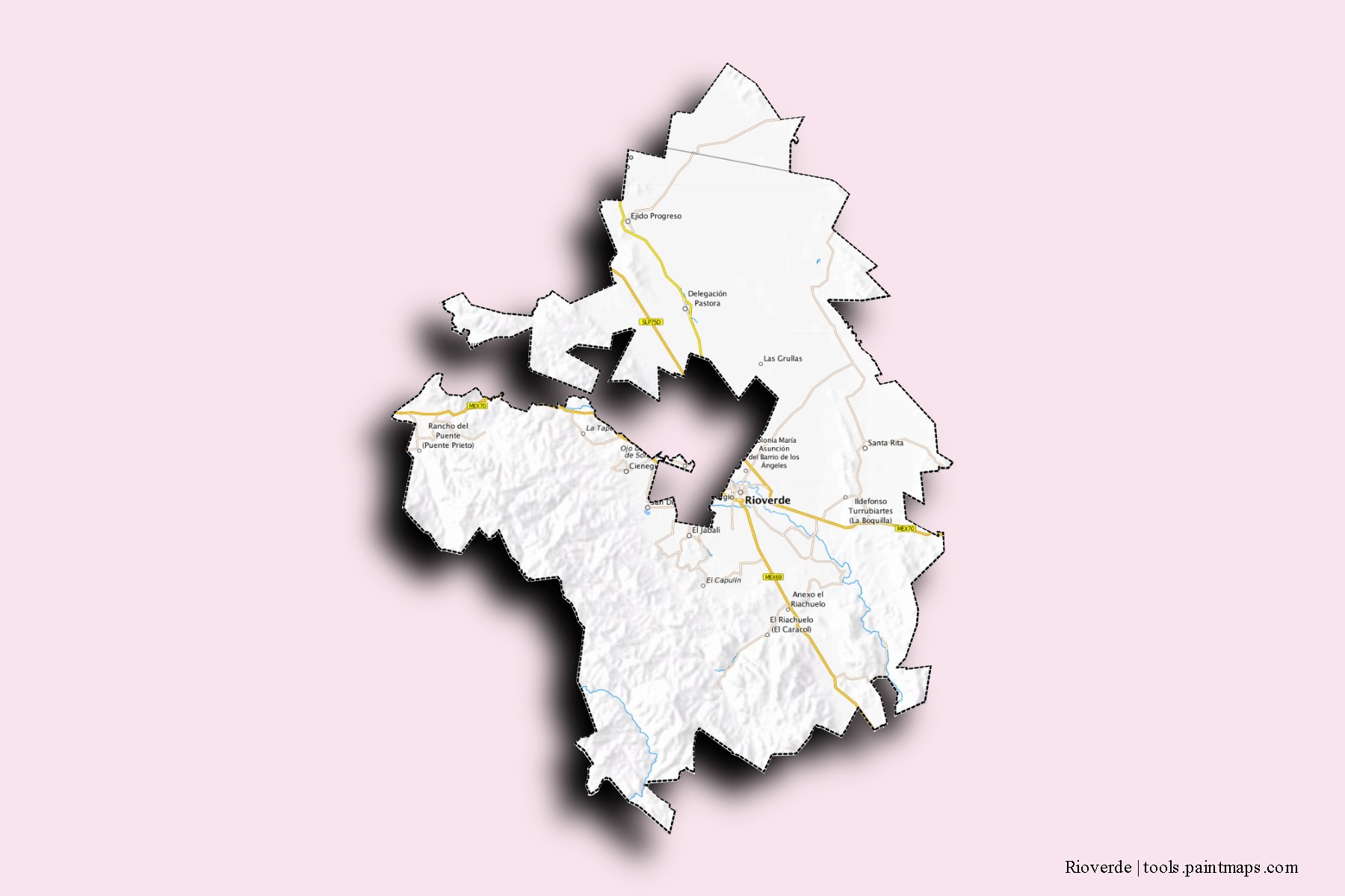 Rioverde neighborhoods and villages map with 3D shadow effect