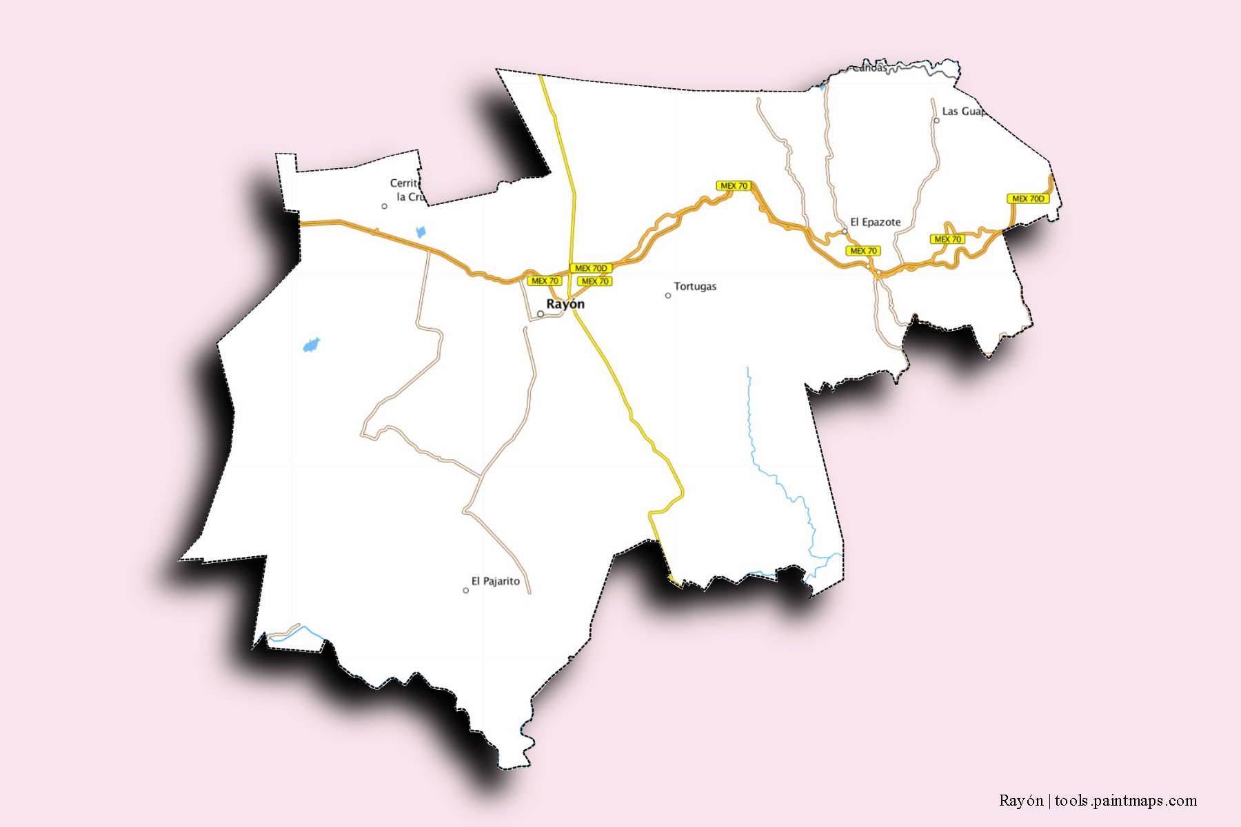 Mapa de barrios y pueblos de Rayón con efecto de sombra 3D