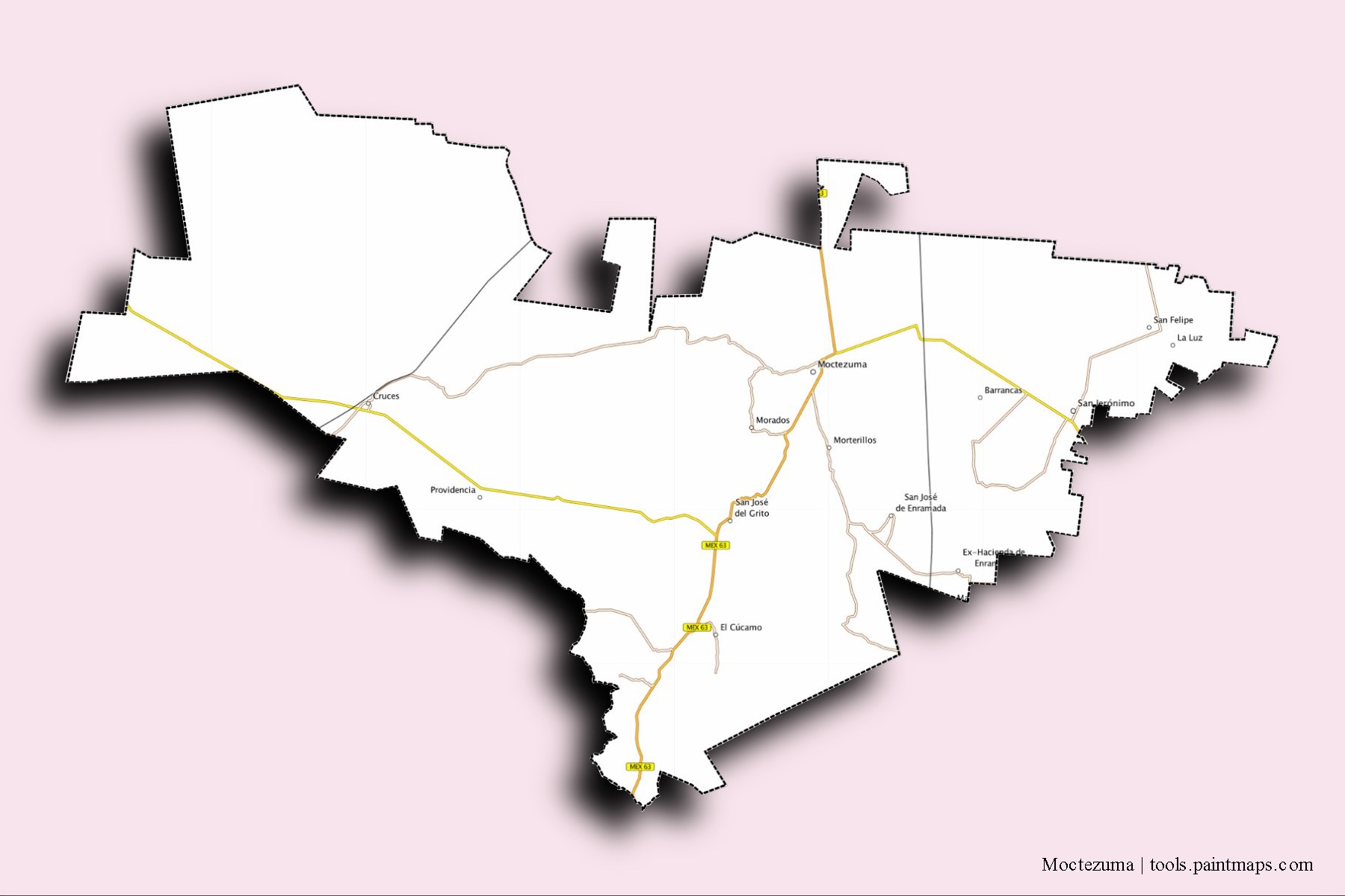 Mapa de barrios y pueblos de Moctezuma con efecto de sombra 3D