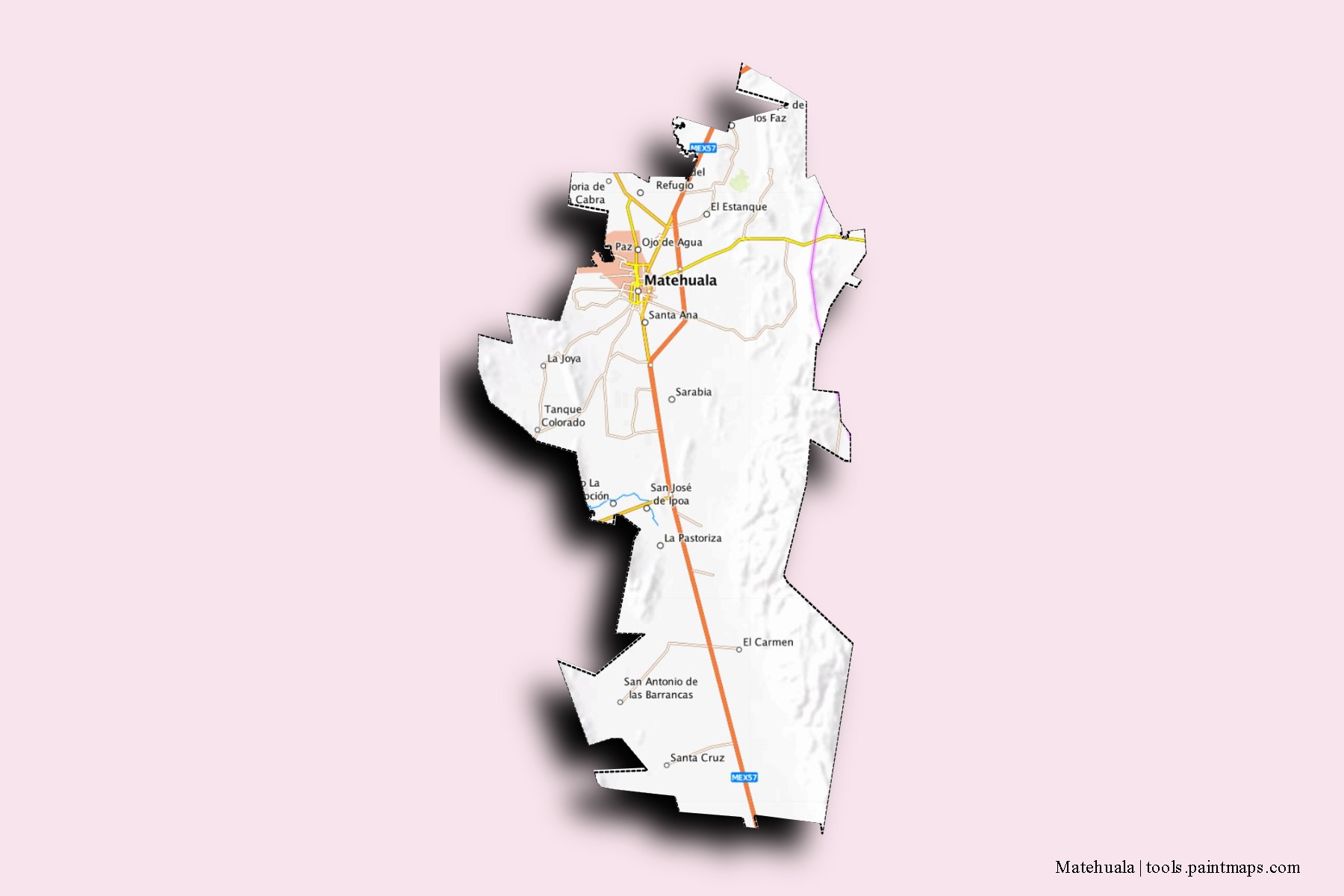 Matehuala neighborhoods and villages map with 3D shadow effect