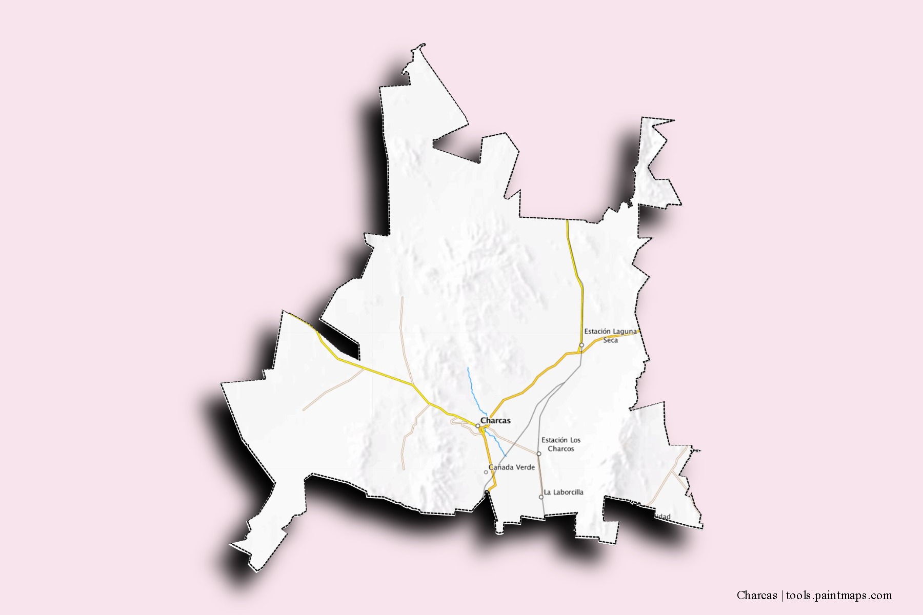 Charcas neighborhoods and villages map with 3D shadow effect