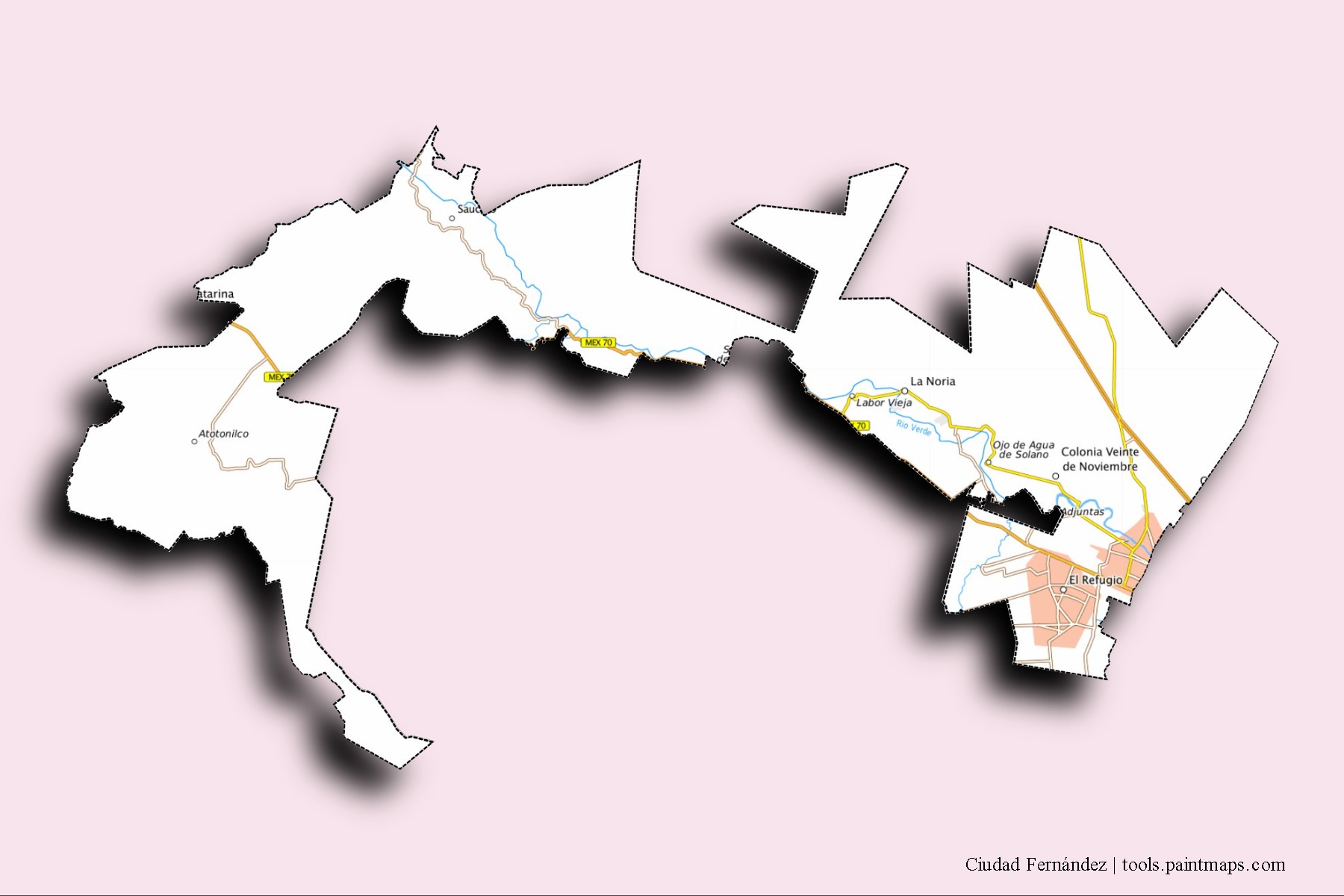 Mapa de barrios y pueblos de Ciudad Fernández con efecto de sombra 3D