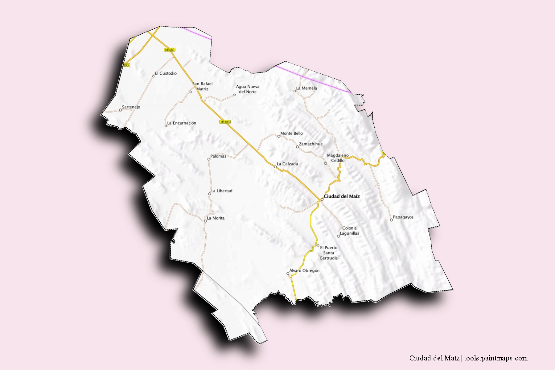 Mapa de barrios y pueblos de Ciudad del Maíz con efecto de sombra 3D