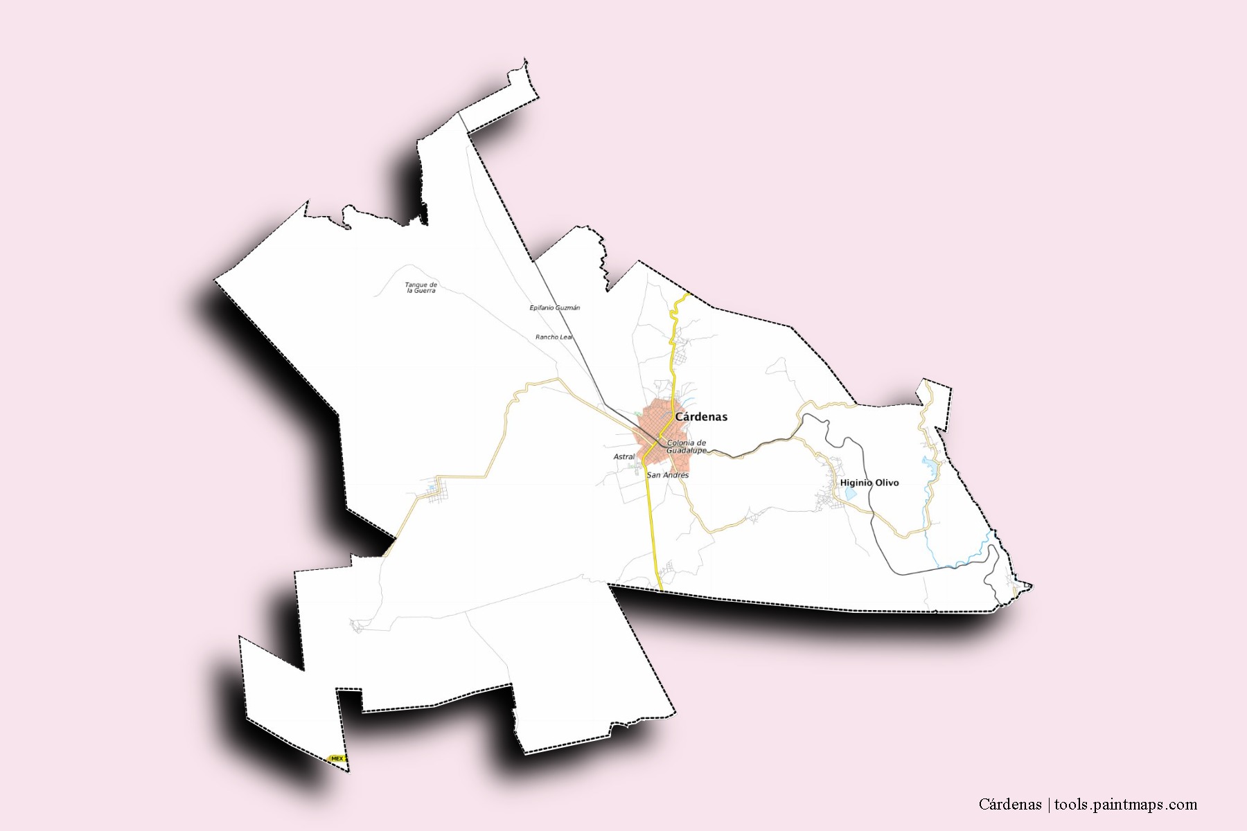 Mapa de barrios y pueblos de Cárdenas con efecto de sombra 3D