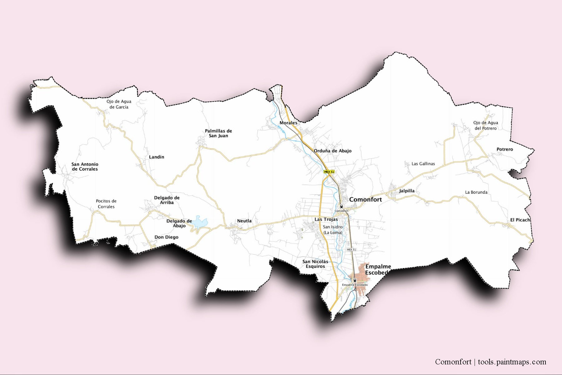 Comonfort neighborhoods and villages map with 3D shadow effect