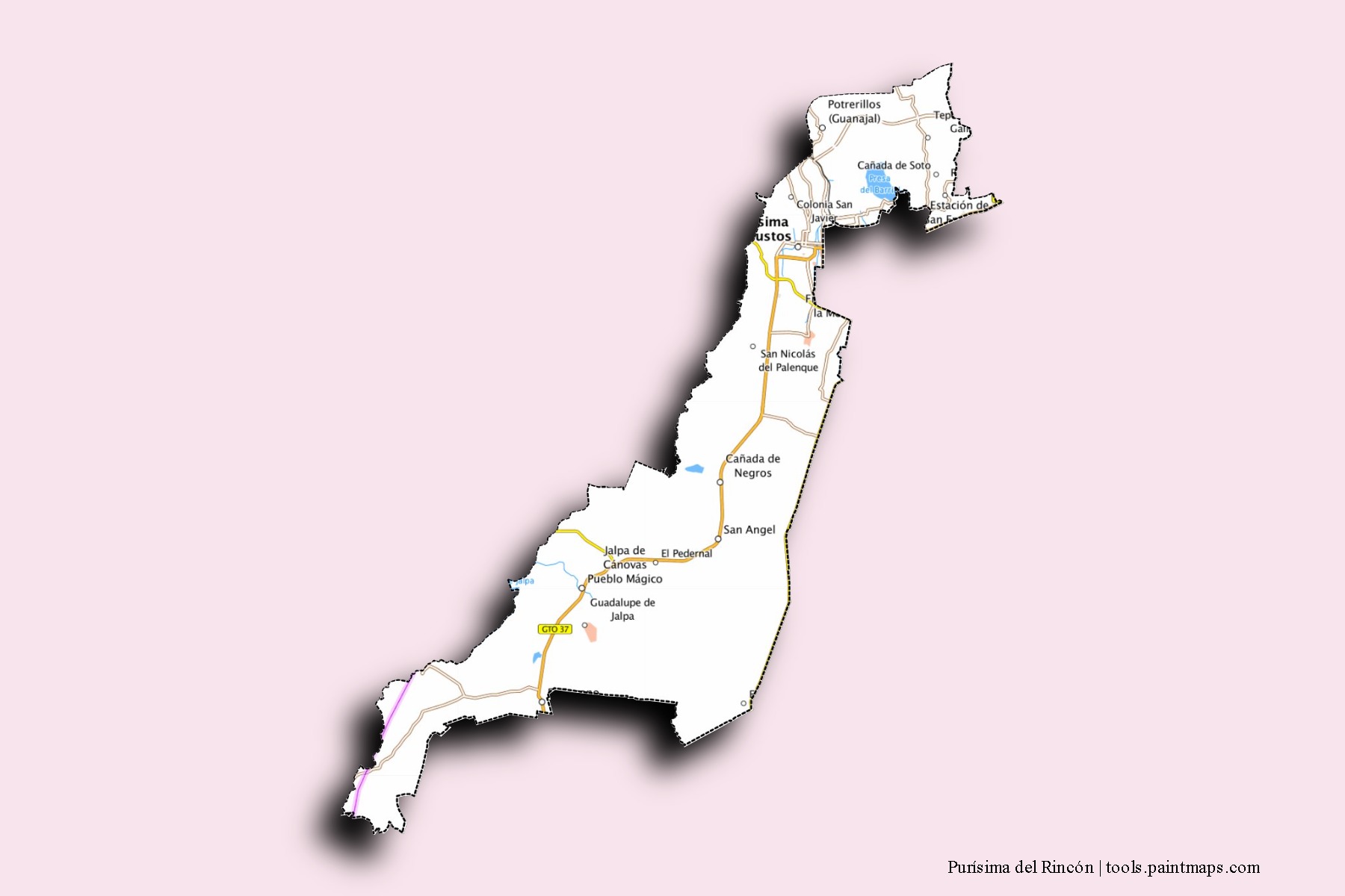 Mapa de barrios y pueblos de Purísima del Rincón con efecto de sombra 3D