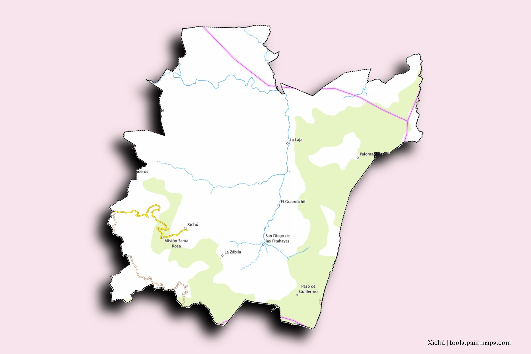 Mapa de barrios y pueblos de Xichú con efecto de sombra 3D