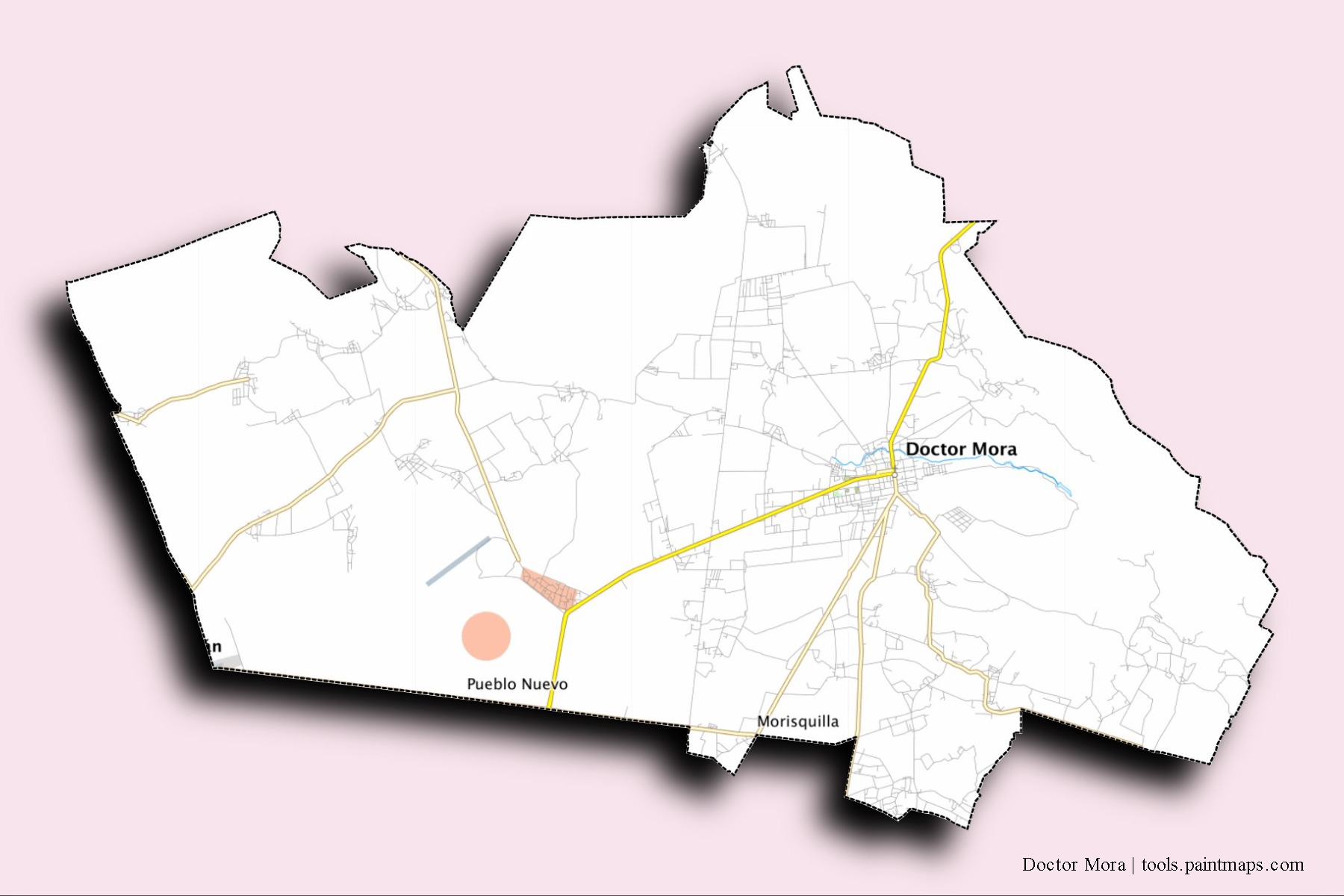 Mapa de barrios y pueblos de Doctor Mora con efecto de sombra 3D