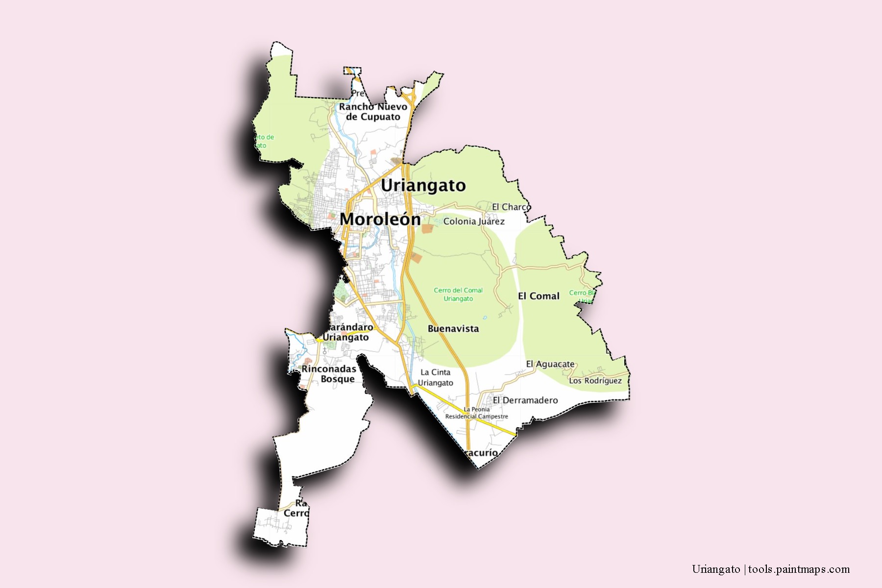 Mapa de barrios y pueblos de Uriangato con efecto de sombra 3D