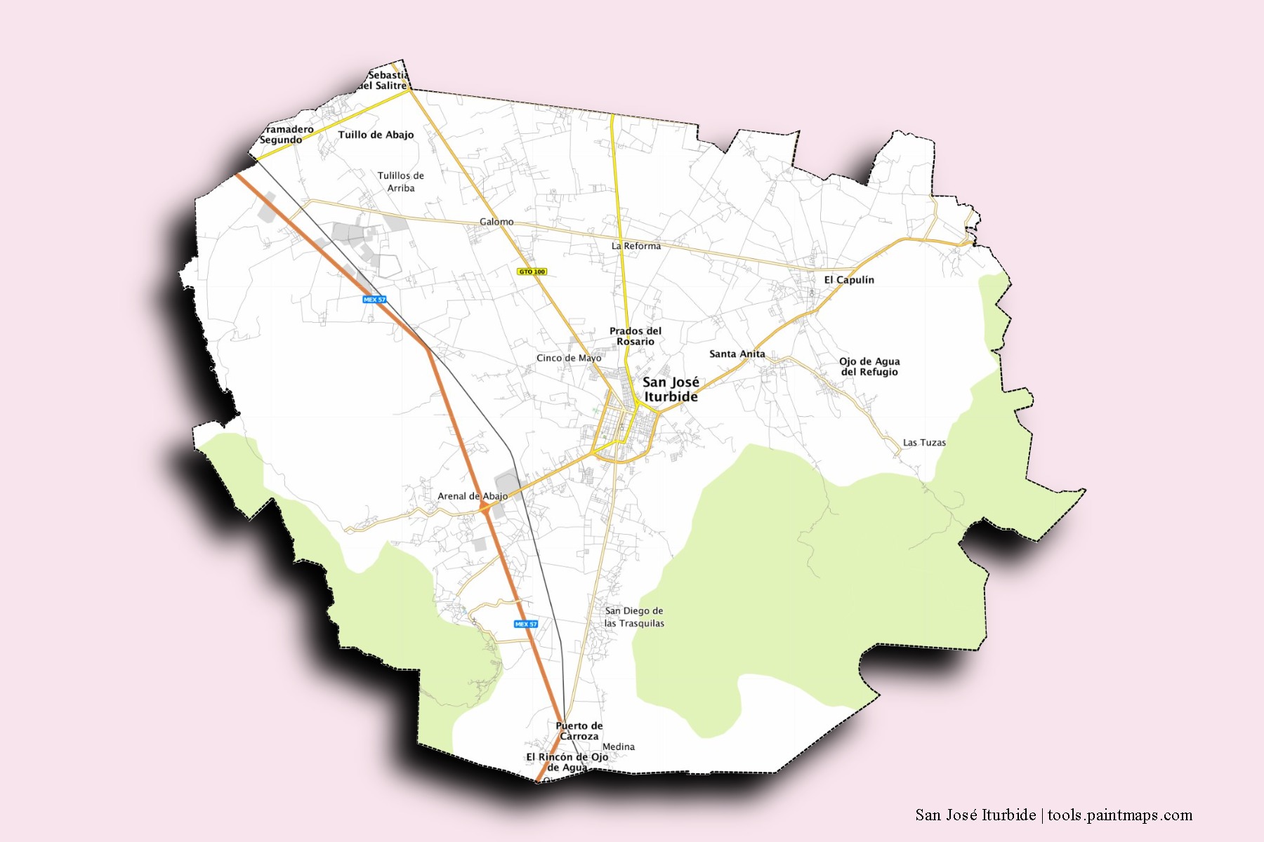 Mapa de barrios y pueblos de San José Iturbide con efecto de sombra 3D