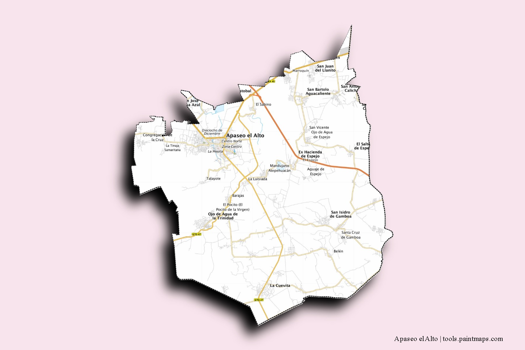 Mapa de barrios y pueblos de Apaseo el Alto con efecto de sombra 3D