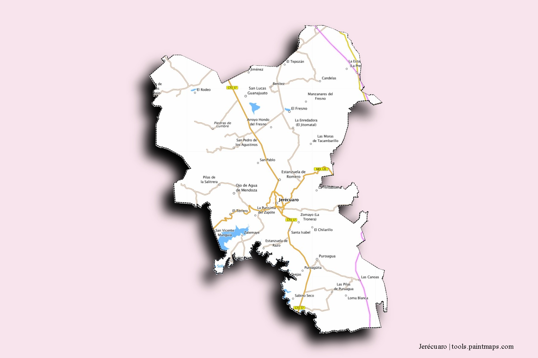 Mapa de barrios y pueblos de Jerécuaro con efecto de sombra 3D