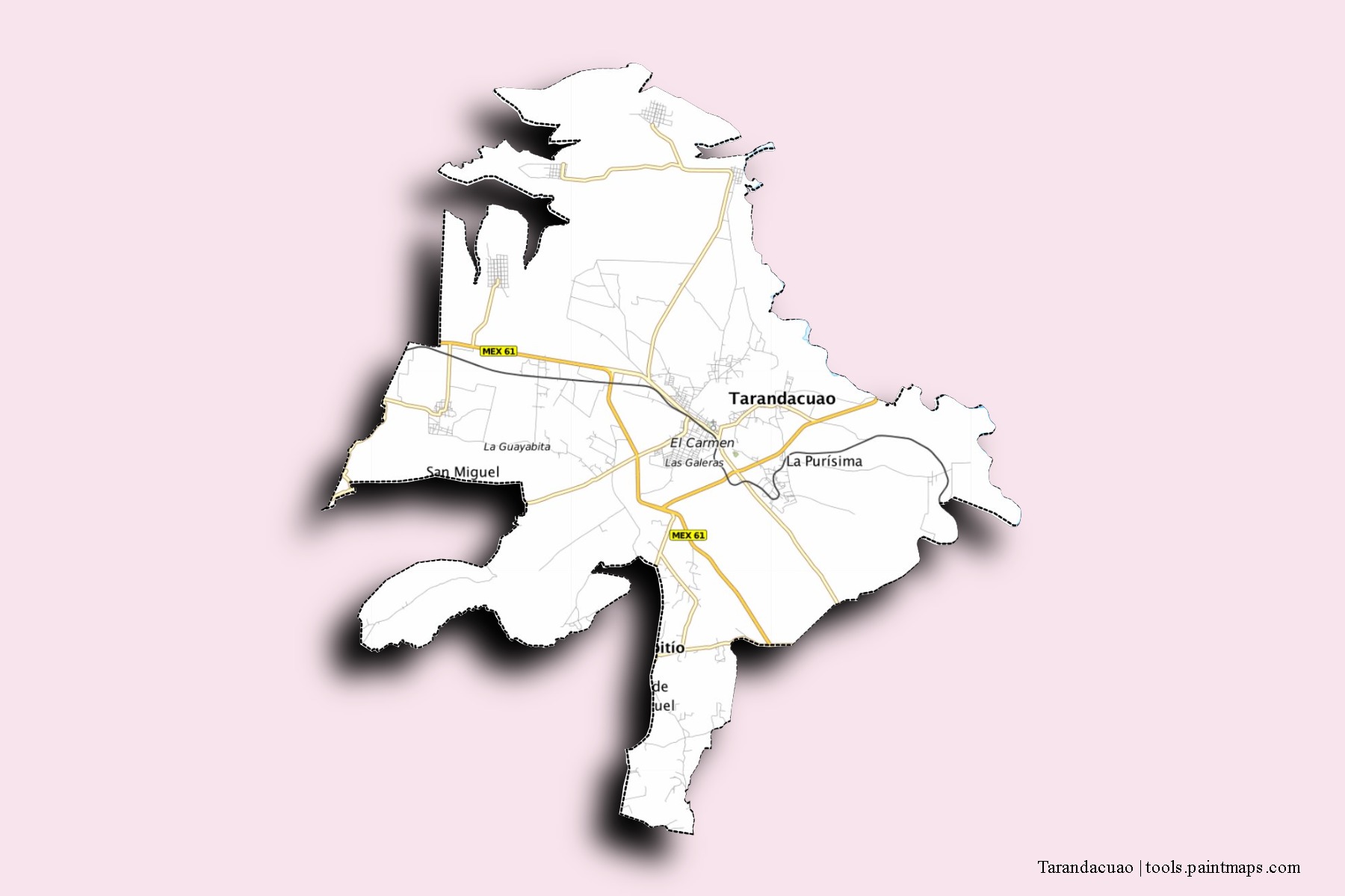 Tarandacuao neighborhoods and villages map with 3D shadow effect