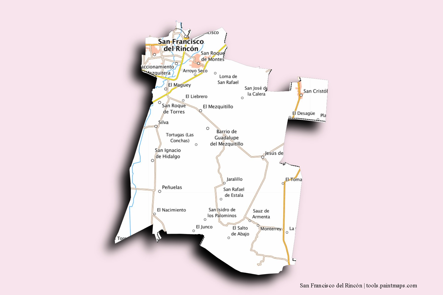 Mapa de barrios y pueblos de San Francisco del Rincón con efecto de sombra 3D