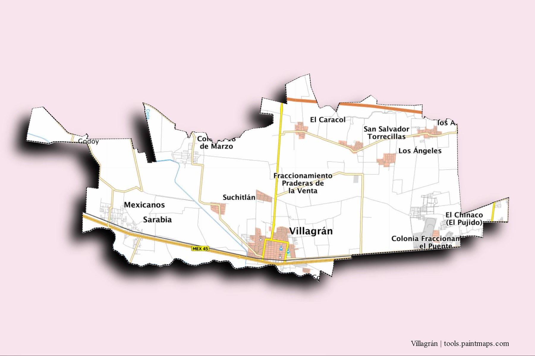 Mapa de barrios y pueblos de Villagrán con efecto de sombra 3D