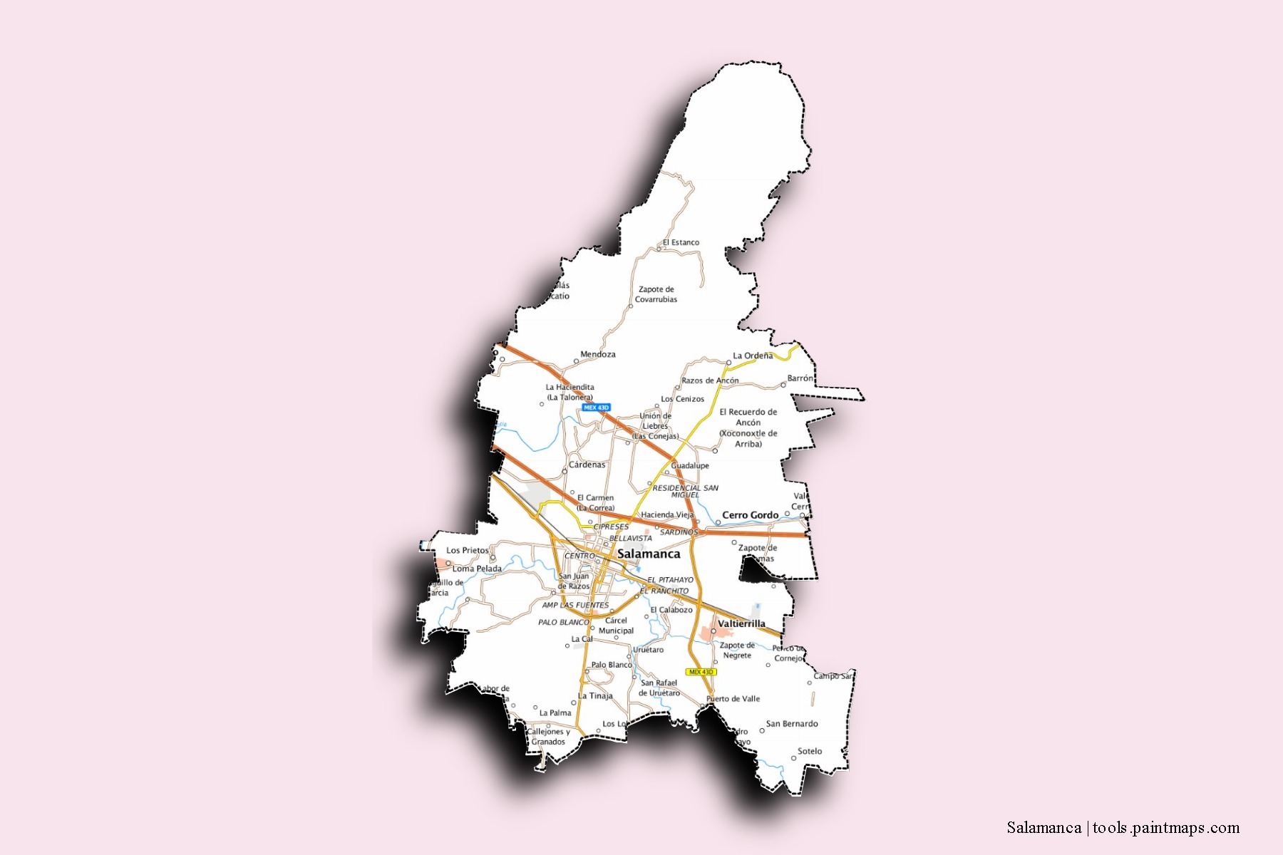 Mapa de barrios y pueblos de Salamanca con efecto de sombra 3D