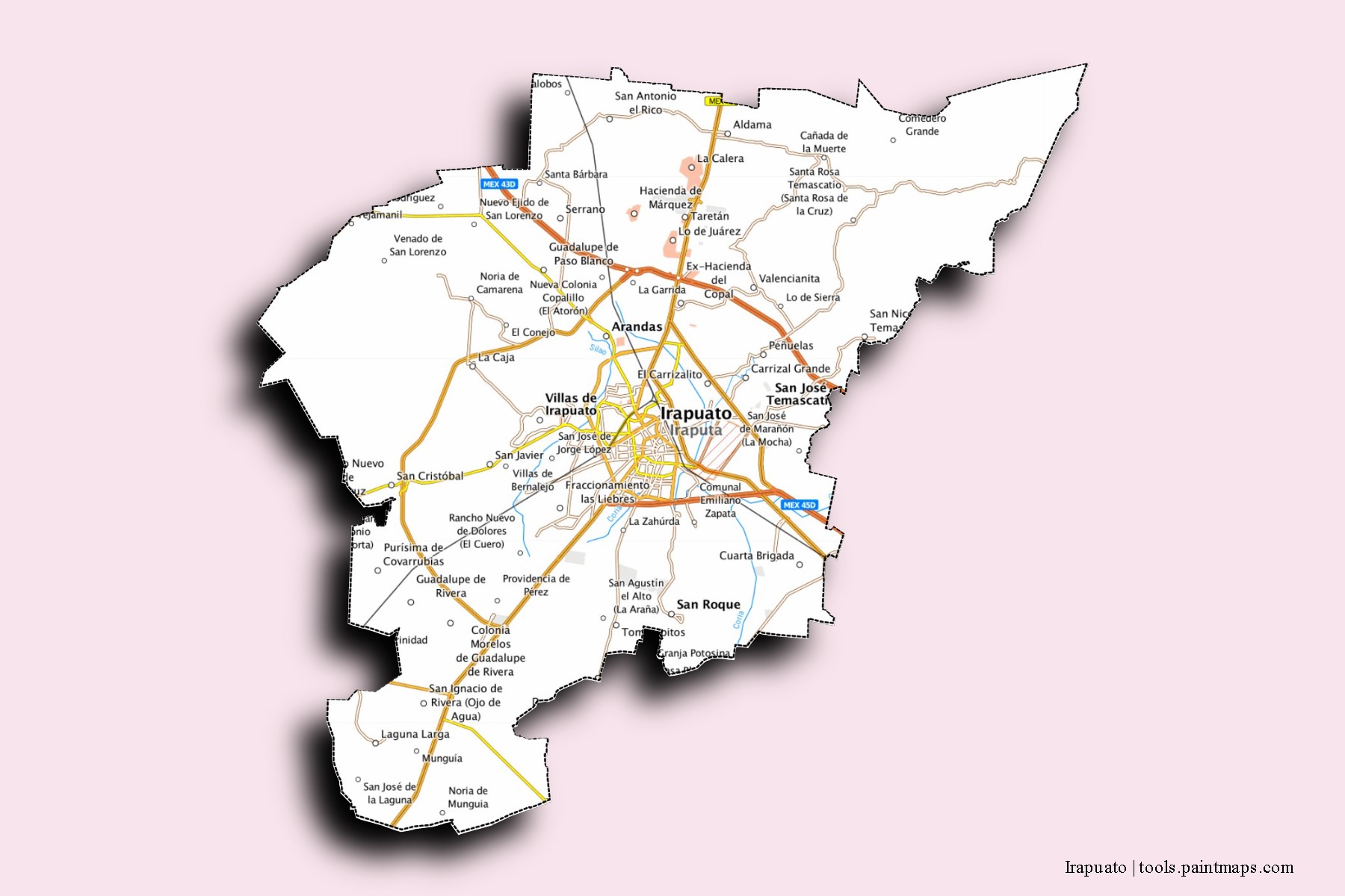 Mapa de barrios y pueblos de Irapuato con efecto de sombra 3D