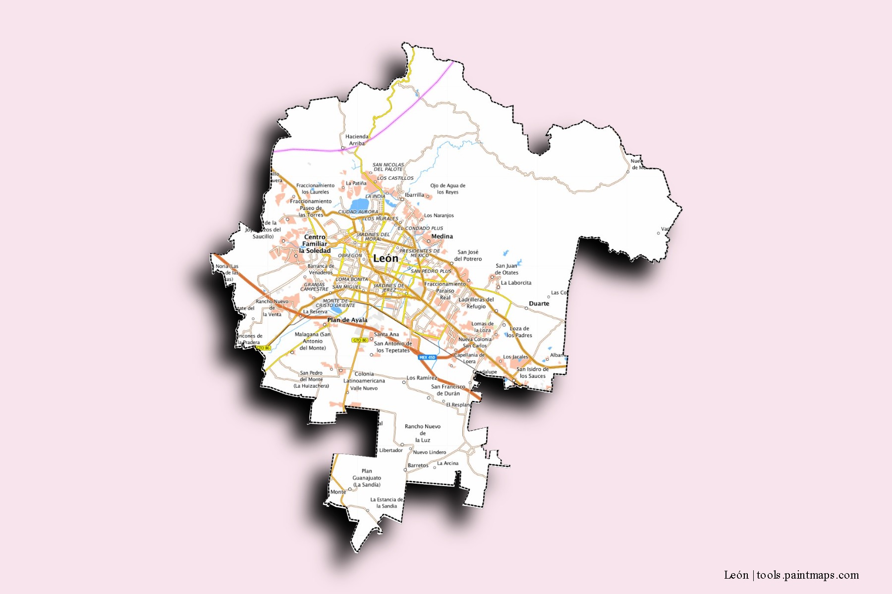 Mapa de barrios y pueblos de León con efecto de sombra 3D