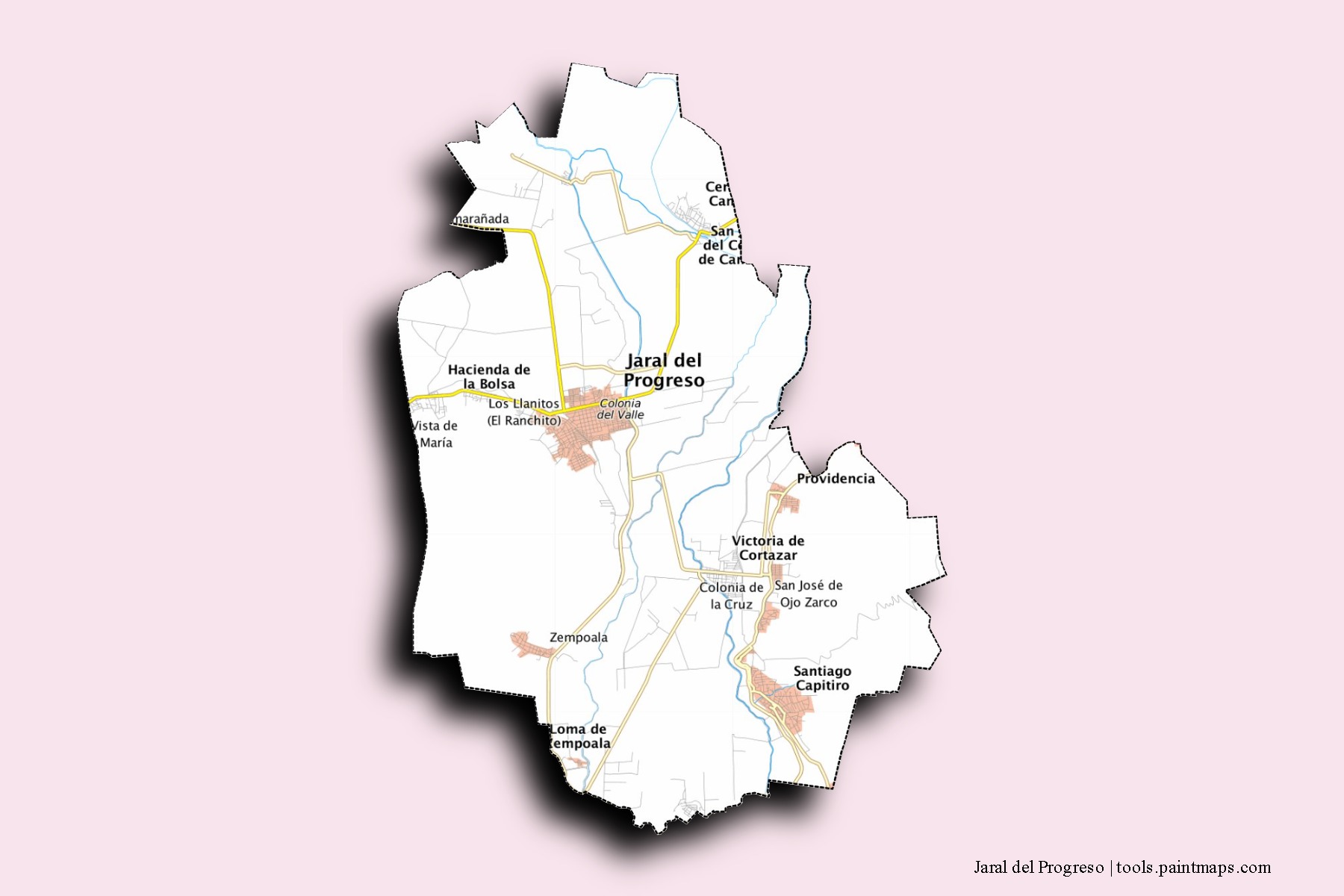 Jaral del Progreso neighborhoods and villages map with 3D shadow effect