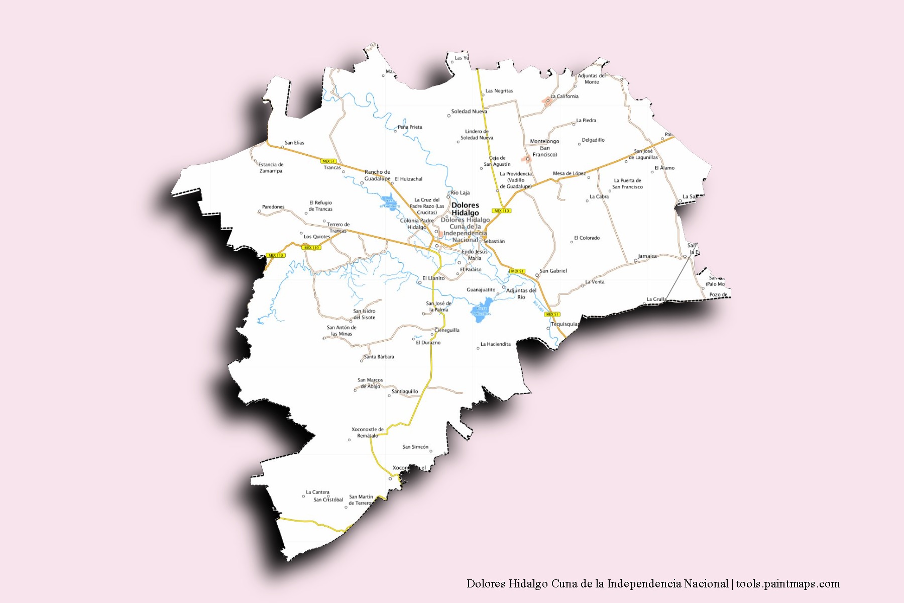 Mapa de barrios y pueblos de Dolores Hidalgo Cuna de la Independencia Nacional con efecto de sombra 3D